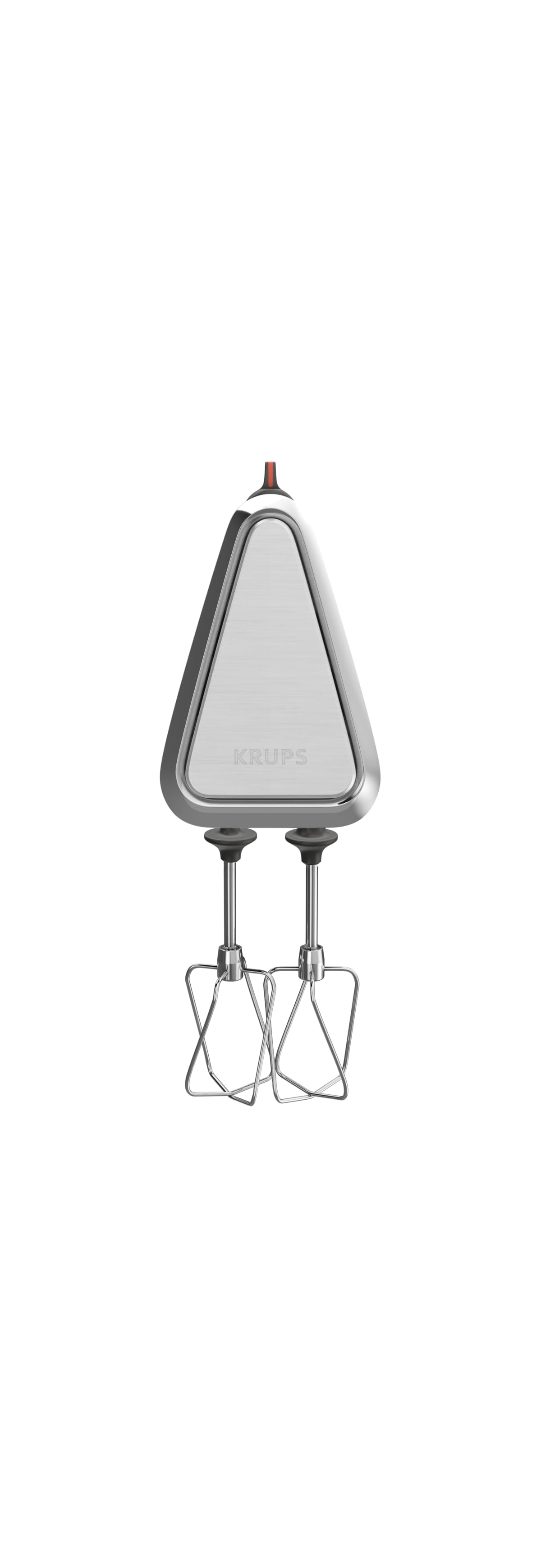 Ein silberner Handmixer mit zwei Rührbesen, auf weißem Hintergrund.