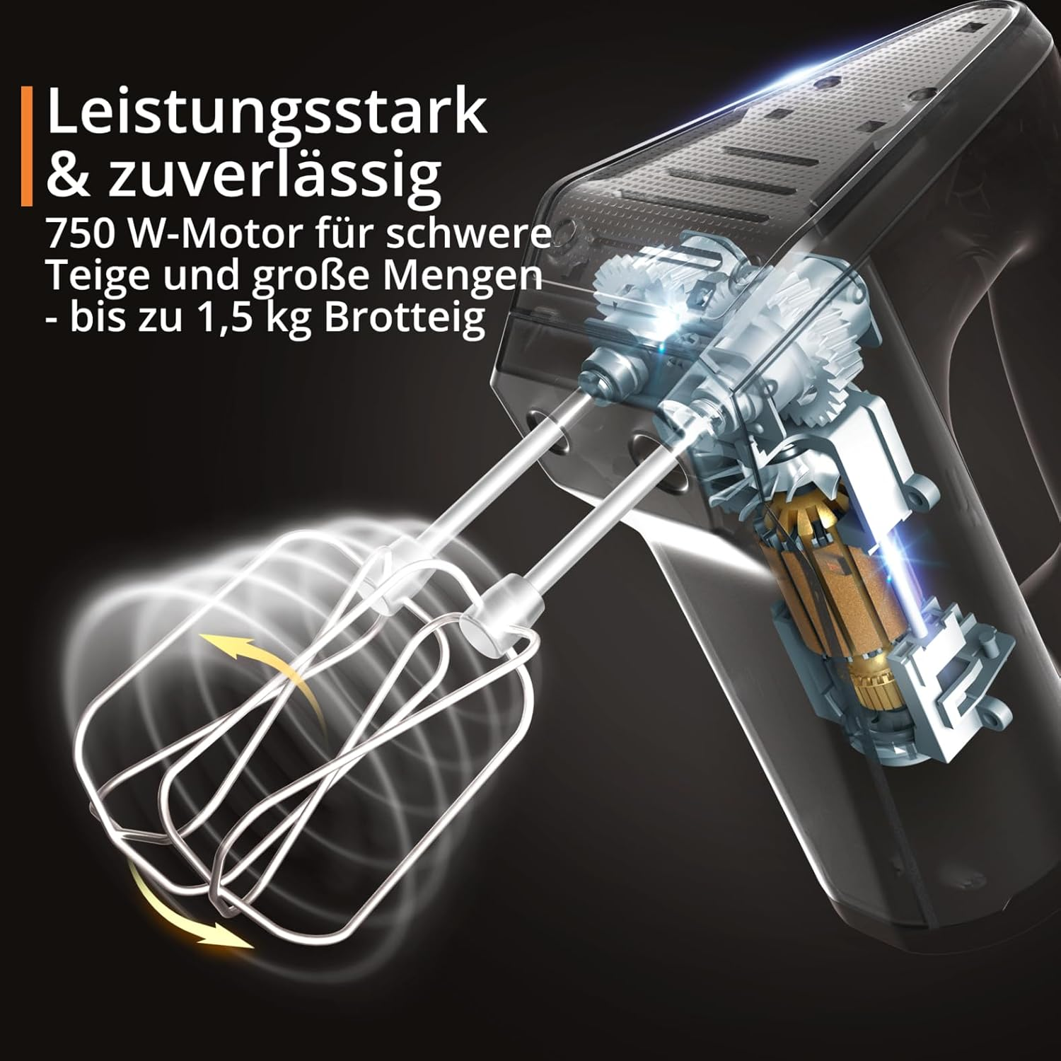 Ein leistungsstarker Handmixer mit 750W Motor und sichtbaren Zahnrädern.