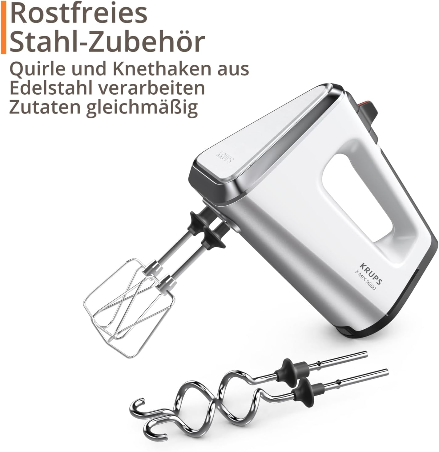 Ein weißer Handmixer mit Edelstahl-Quirle und Knethaken. Text: Rostfreies Stahl-Zubehör.