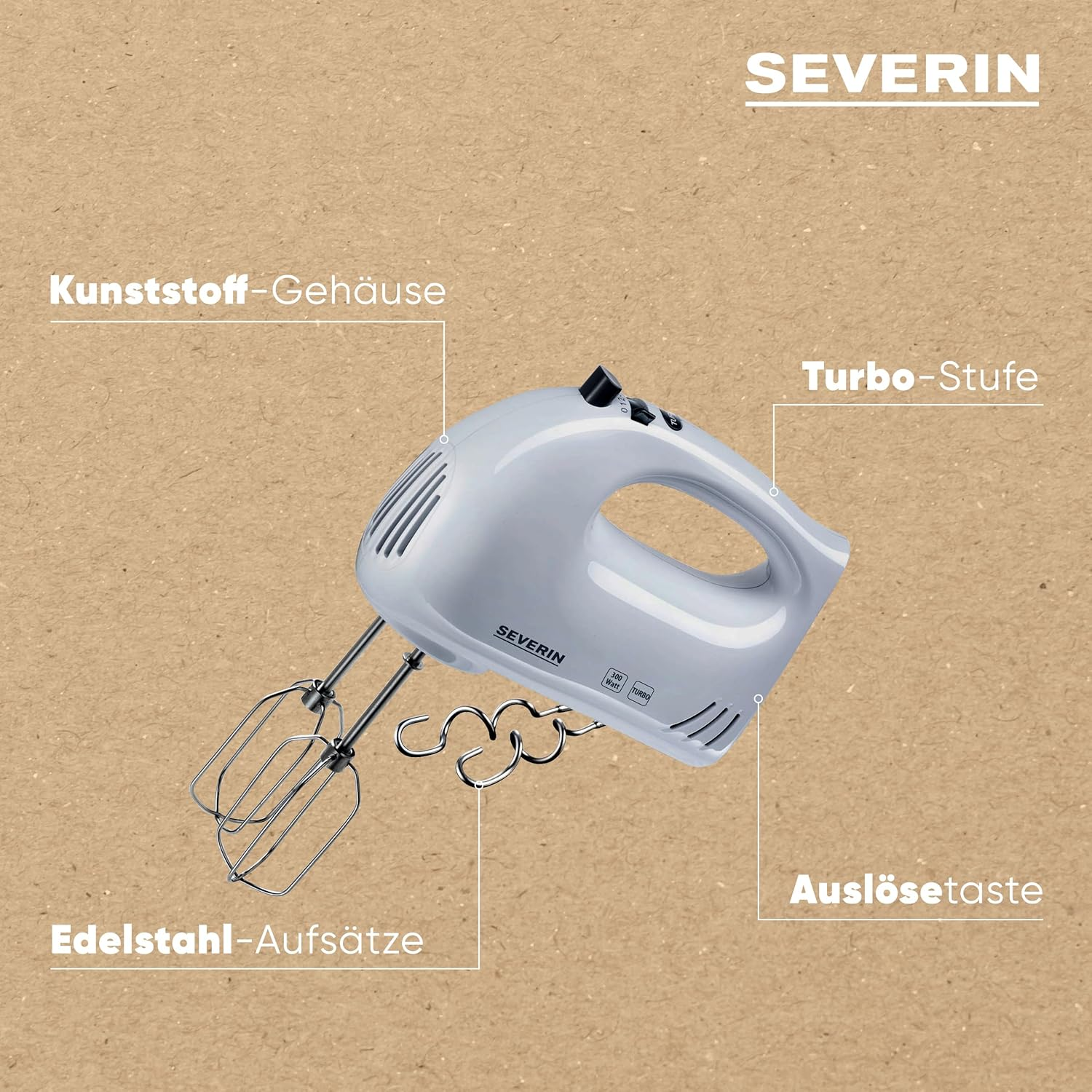 Ein weißer Handmixer von Severin mit Edelstahl-Aufsätzen und Turbo-Stufe.