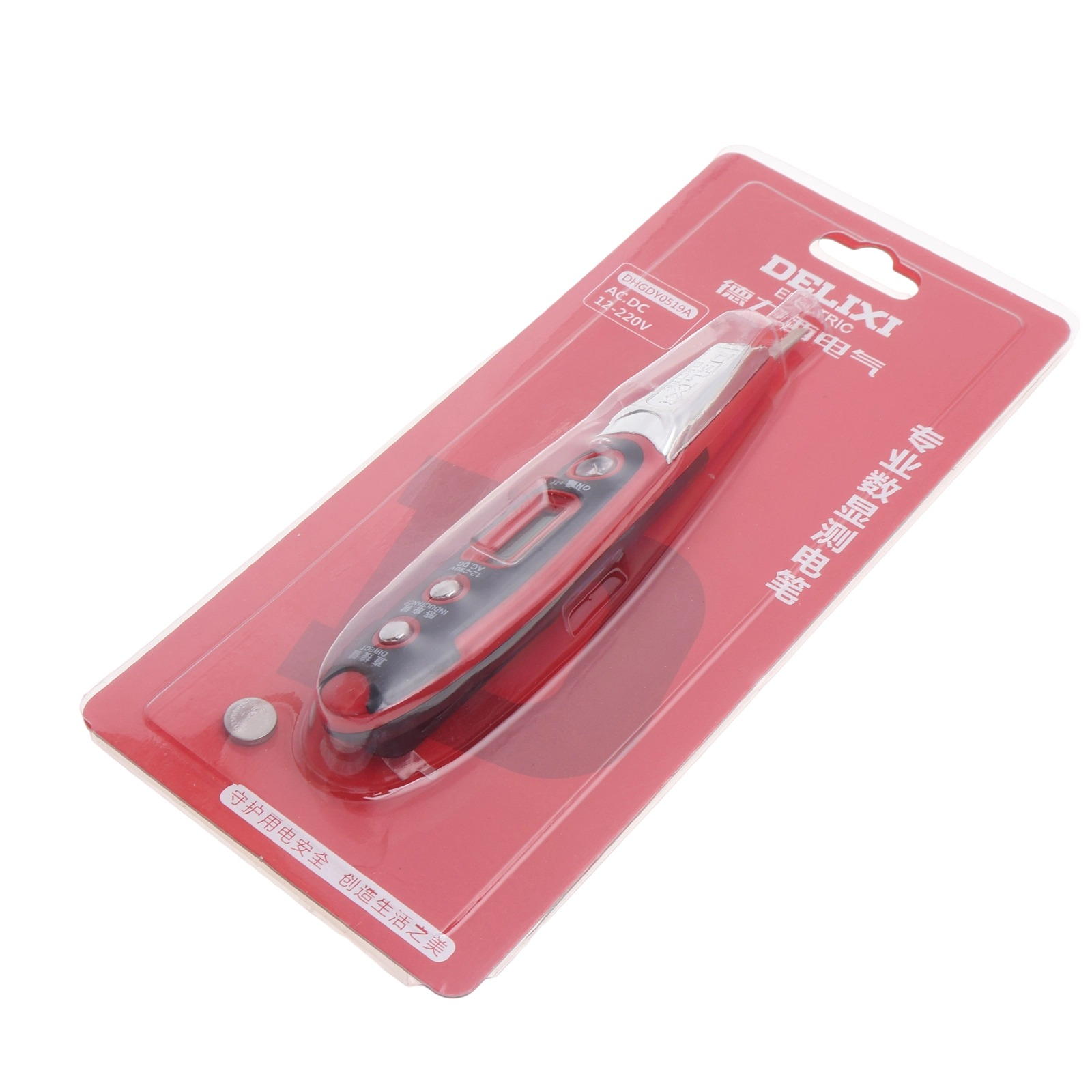 Ein roter und schwarzer DELIXI Spannungsprüfer für AC/DC 12-220V ist in einer Blisterverpackung.