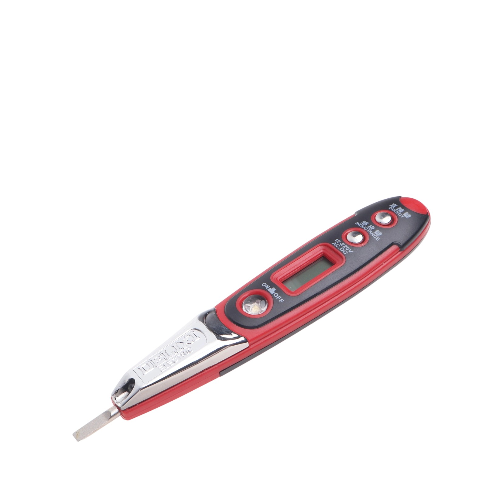 Ein roter und schwarzer Spannungsprüfer mit LCD-Display und Metallspitze.