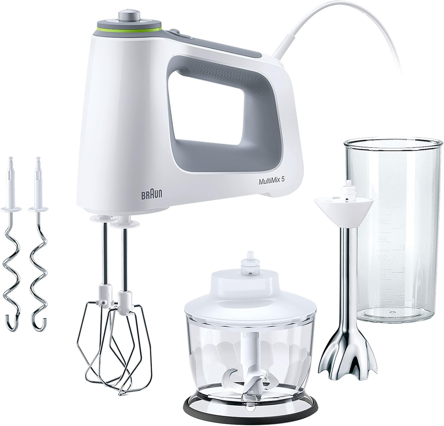 Weißer Braun MultiMix 5 Handmixer mit Schneebesen, Knethaken, Zerkleinerer und Becher.