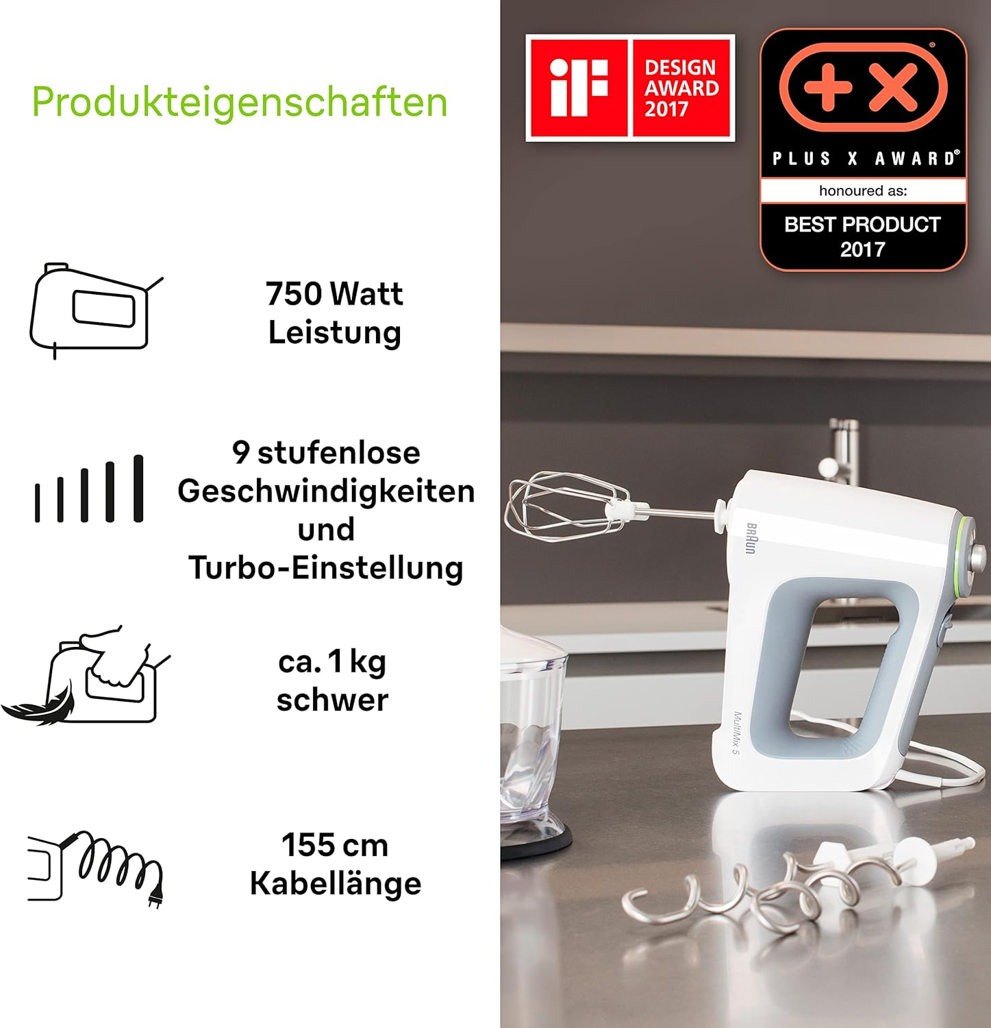 Ein weißer Handmixer mit grauen Akzenten und Zubehör.