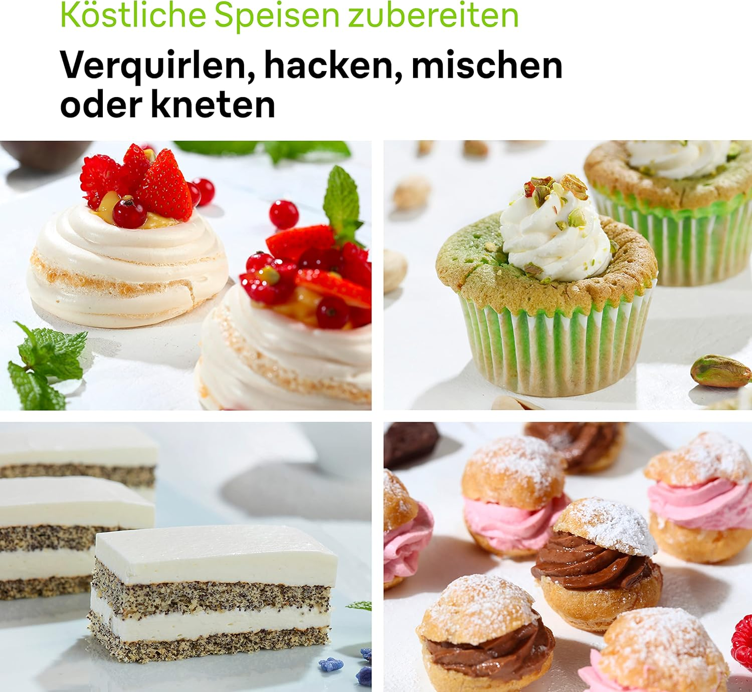 Vier leckere Desserts: Baiser mit Beeren, Cupcakes, Mohnkuchen und Windbeutel.