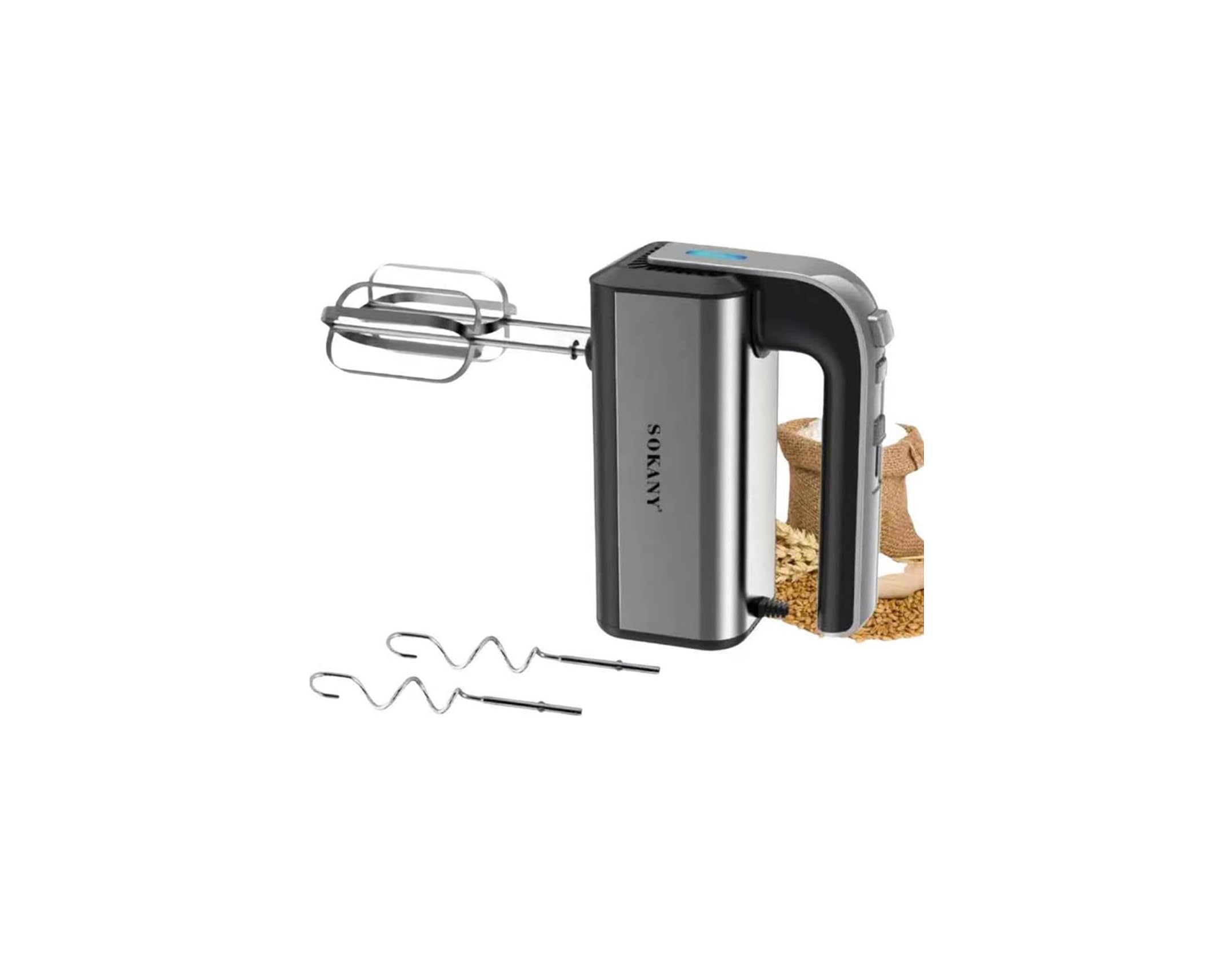 Ein silberner Handmixer mit zwei Schneebesen und zwei Rührbesen daneben.