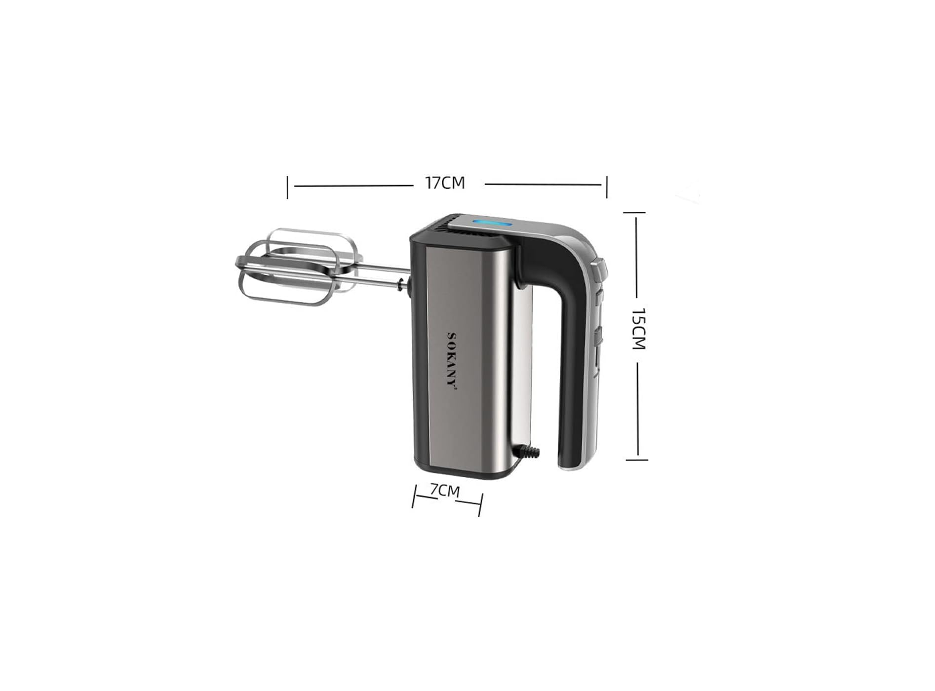 Ein silberner Handmixer mit schwarzen Akzenten, Maße 17x15x7cm.