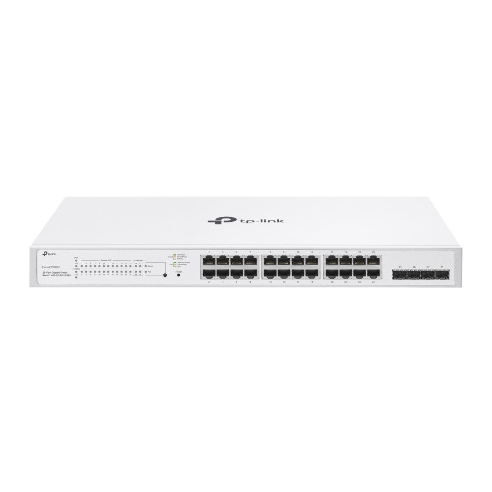 Switch smart TP-Link bianco 24 porte Gigabit con porte RJ45 e spie luminose.