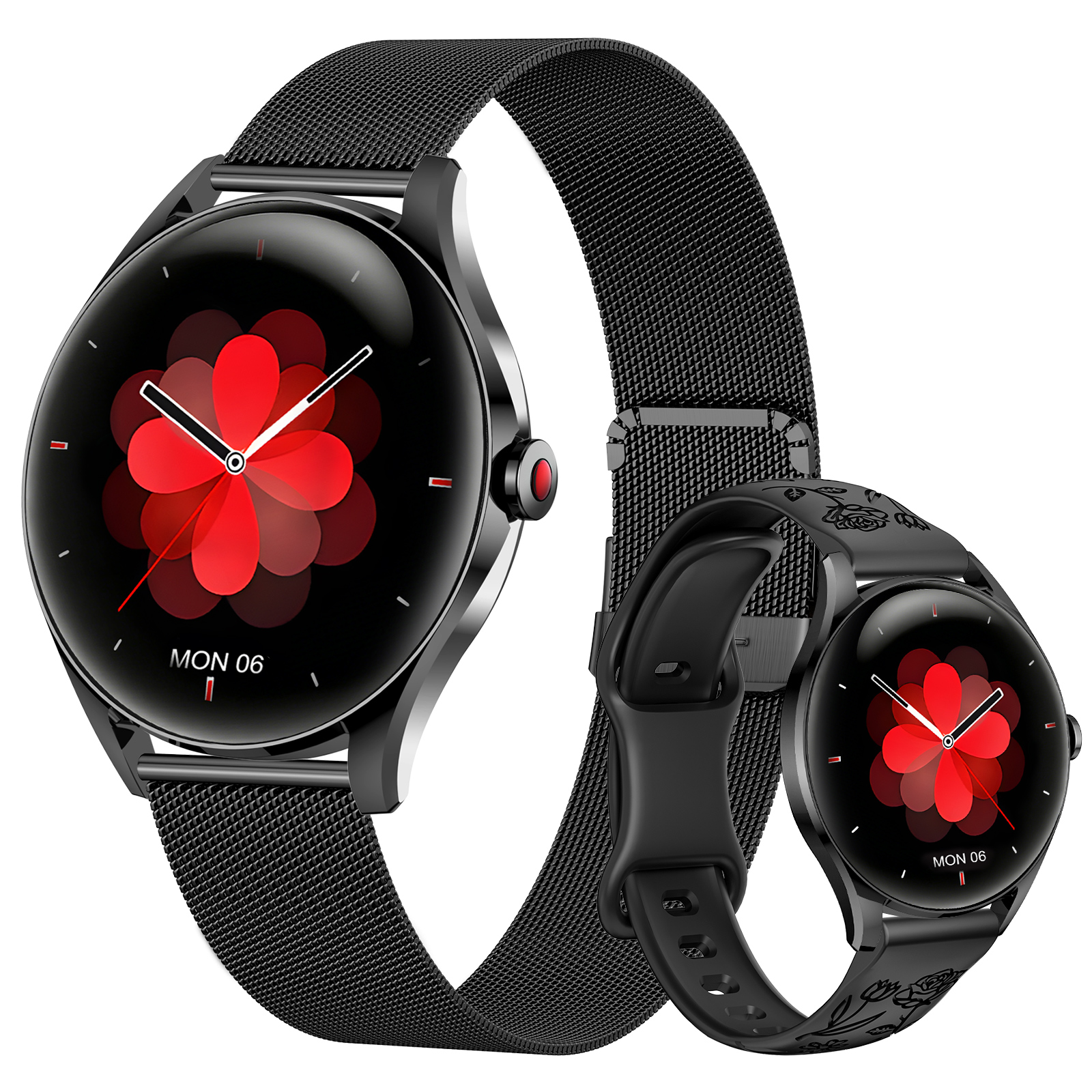 Zwei schwarze Smartwatches mit rotem Blumen-Zifferblatt und Metallband.