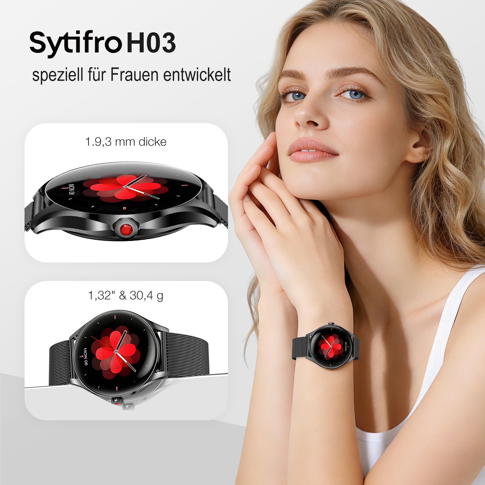 Eine Frau trägt eine Sytifro H03 Smartwatch mit rotem Zifferblatt.