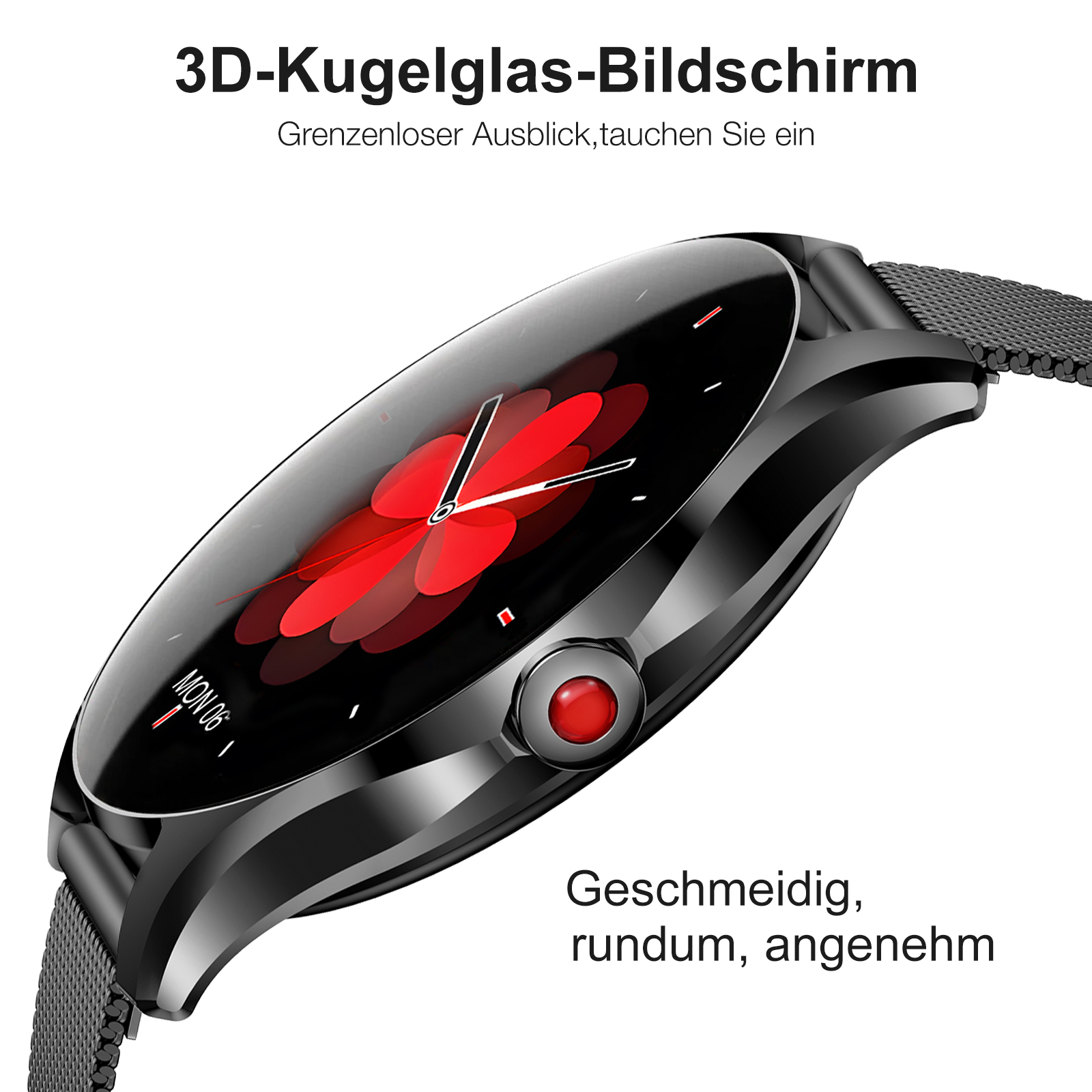 Eine stilvolle schwarze Smartwatch mit rotem Zifferblatt und Mesh-Armband.