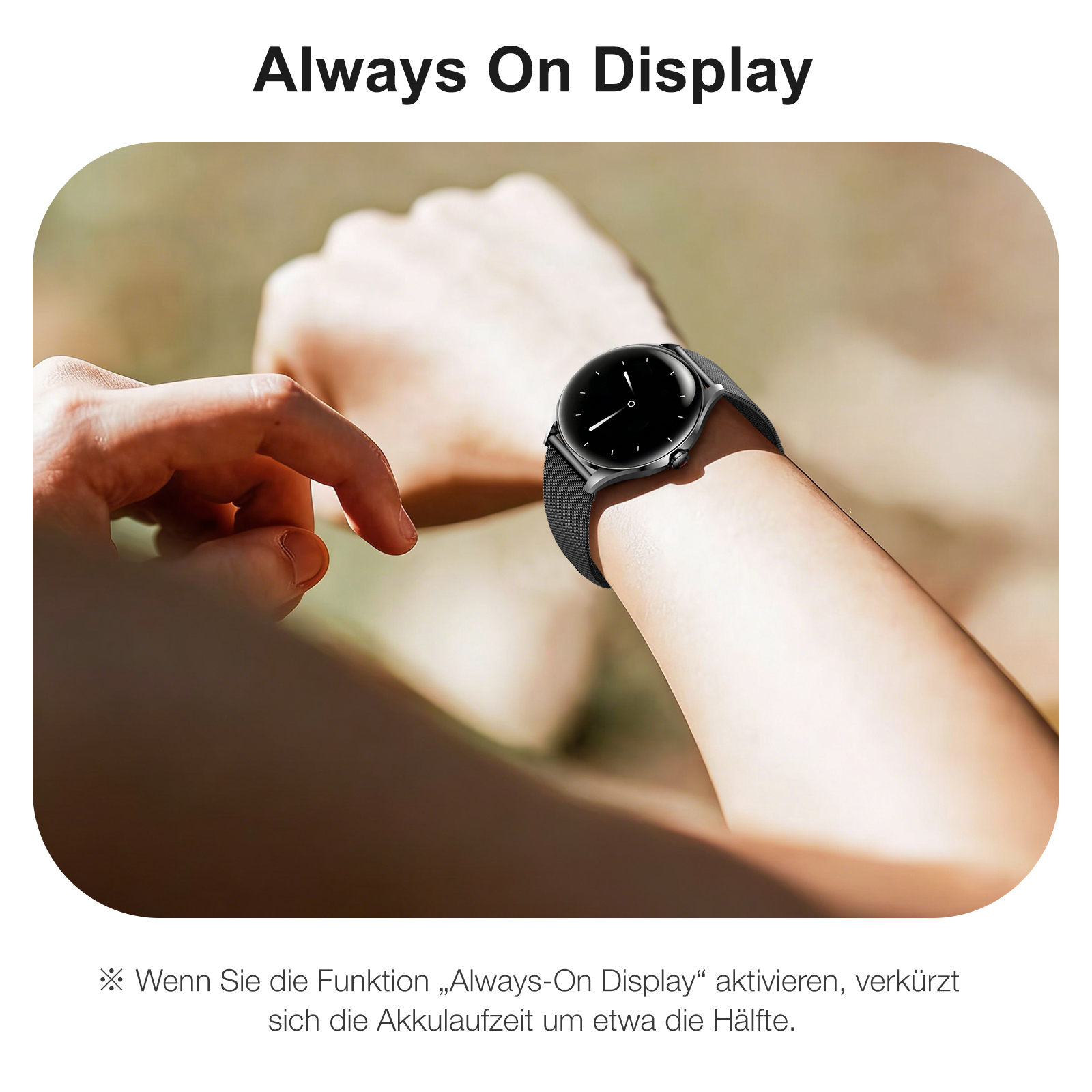 Eine Person trägt eine Smartwatch mit Always-On-Display.