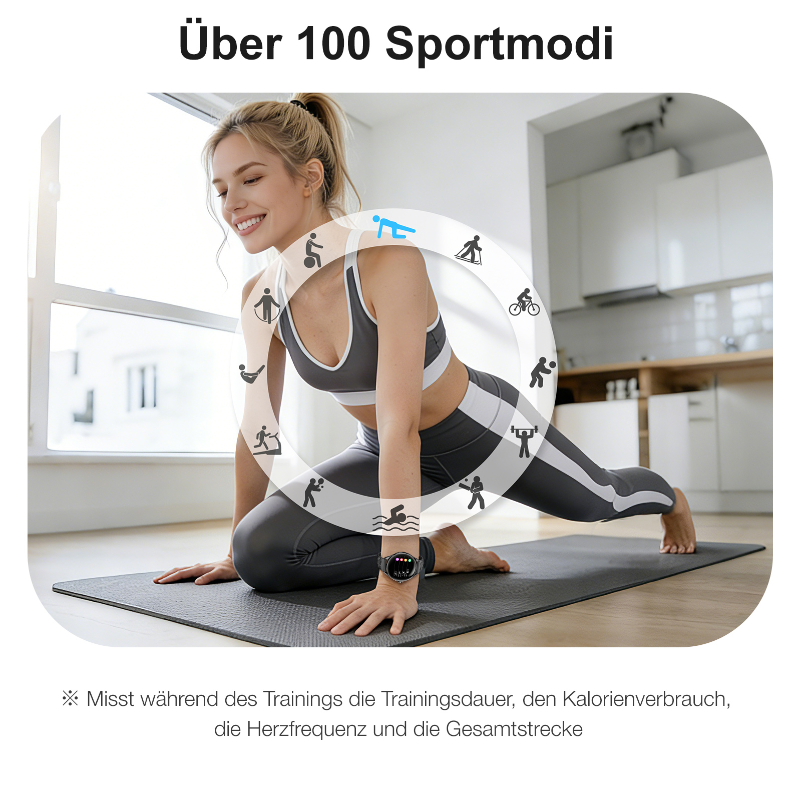 Frau macht Yoga, umgeben von Sportmodi-Symbolen.