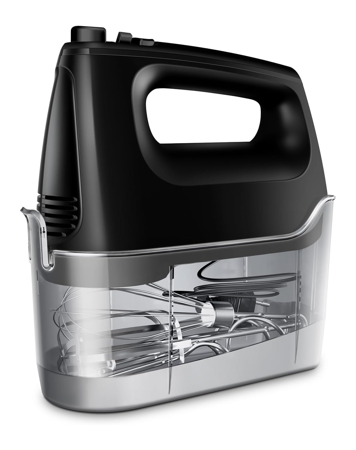 Schwarzer Handmixer mit transparentem Behälter und Schneebesen.