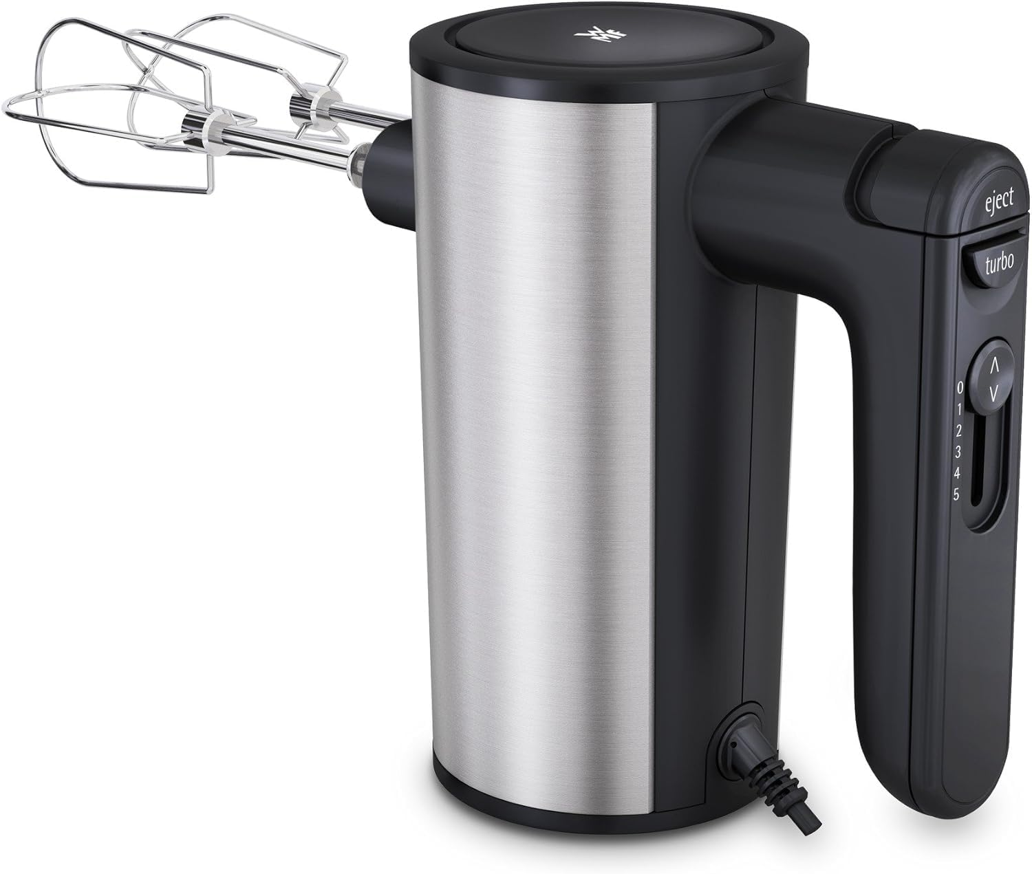 Ein silberner und schwarzer Handmixer mit zwei Schneebesenaufsätzen.