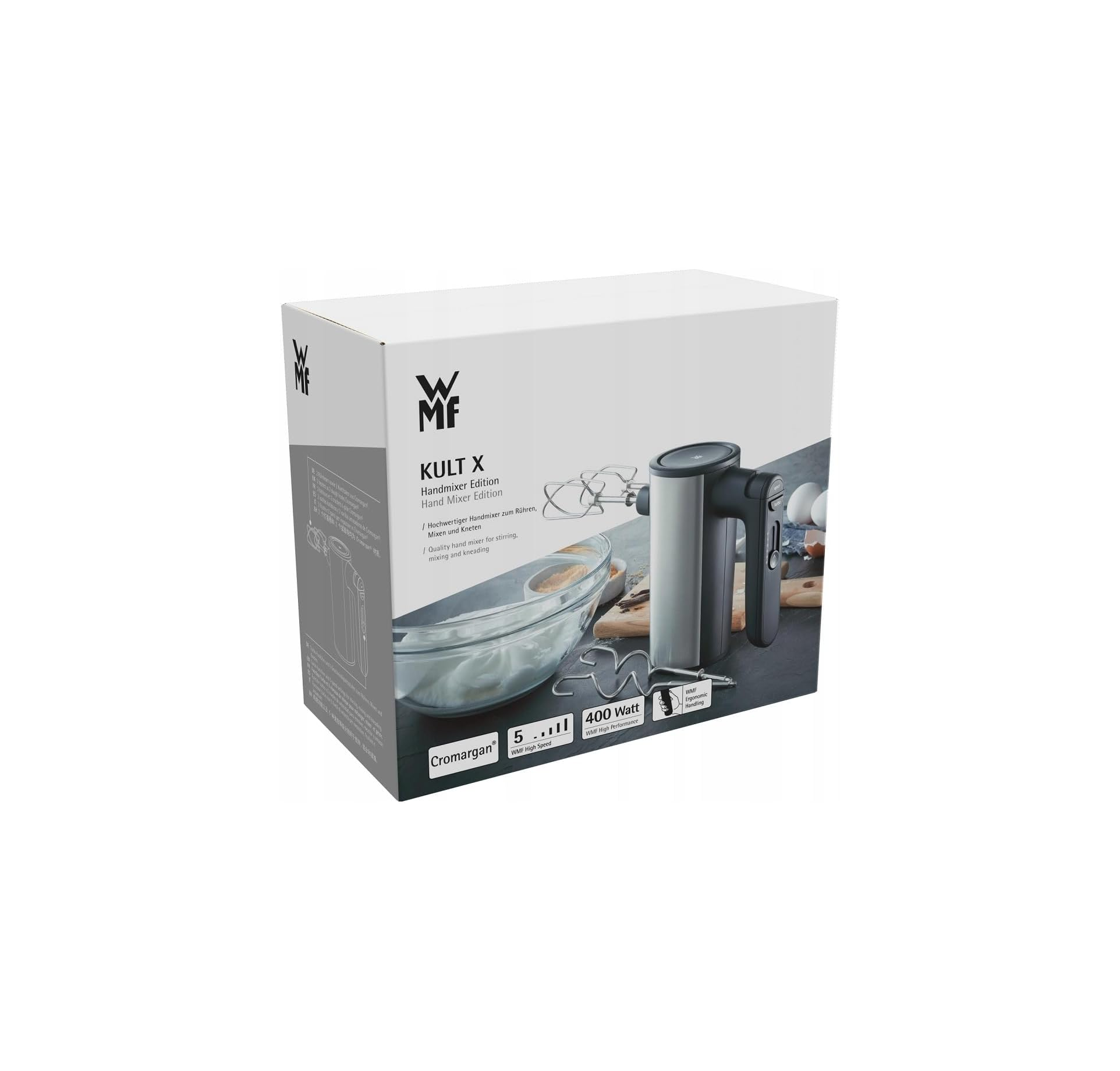 Verpackung eines silbernen und schwarzen Handmixers mit Rührbesen und Eiern.