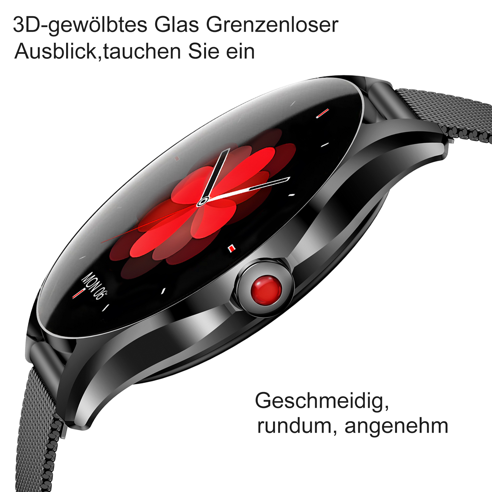 Eine schwarze Smartwatch mit rotem Zifferblatt und einem Netzarmband.