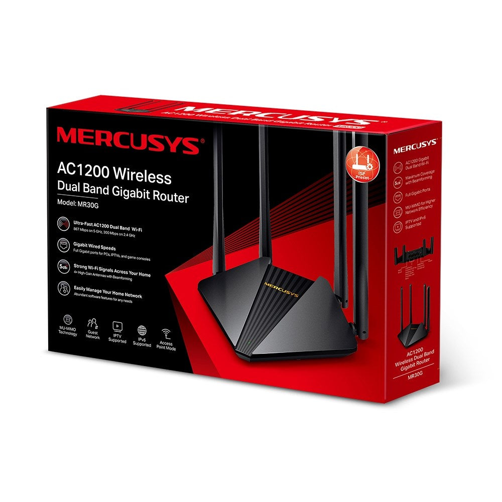 Mercusys AC1200 Dual Band Gigabit Router auf einer roten Verpackung mit Antennen.