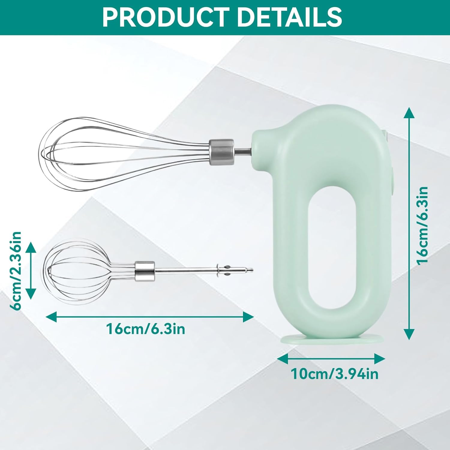 Ein hellgrüner Handmixer mit zwei Quirlaufsätzen, Maße sind angegeben.