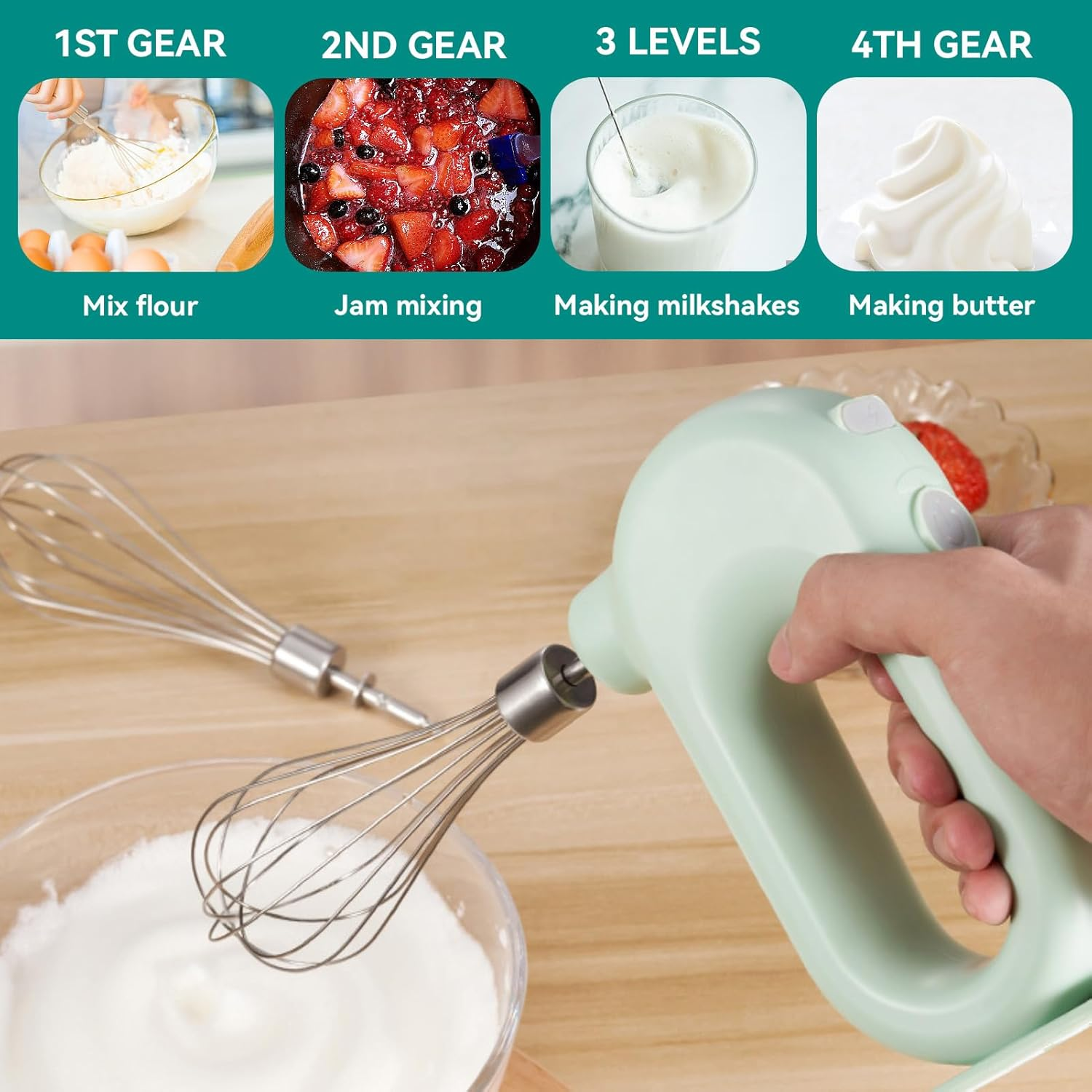Ein Handmixer mit Rührbesen in einer Schüssel mit weißem Schaum.