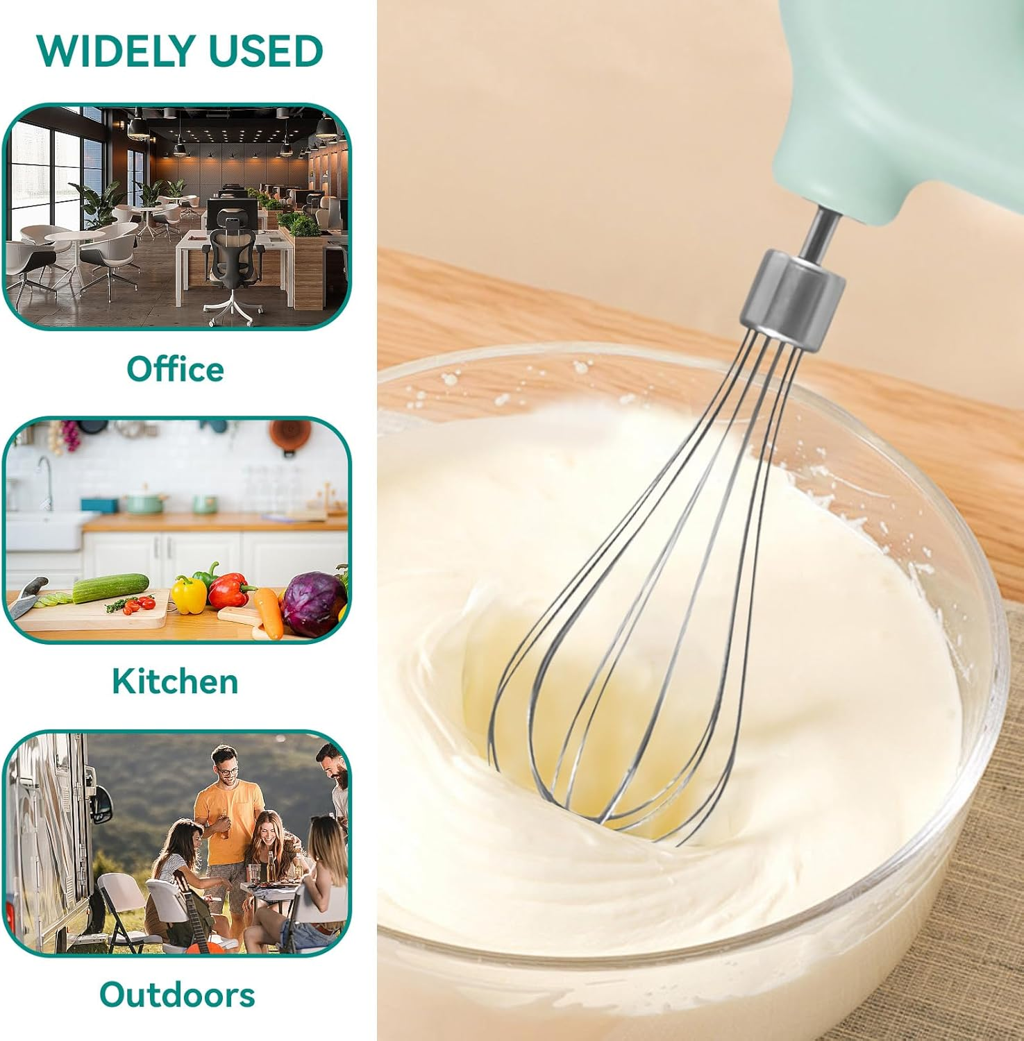 Handmixer schlägt Sahne in einer Schüssel, neben Bildern von Büro, Küche und Outdoor-Szenen.