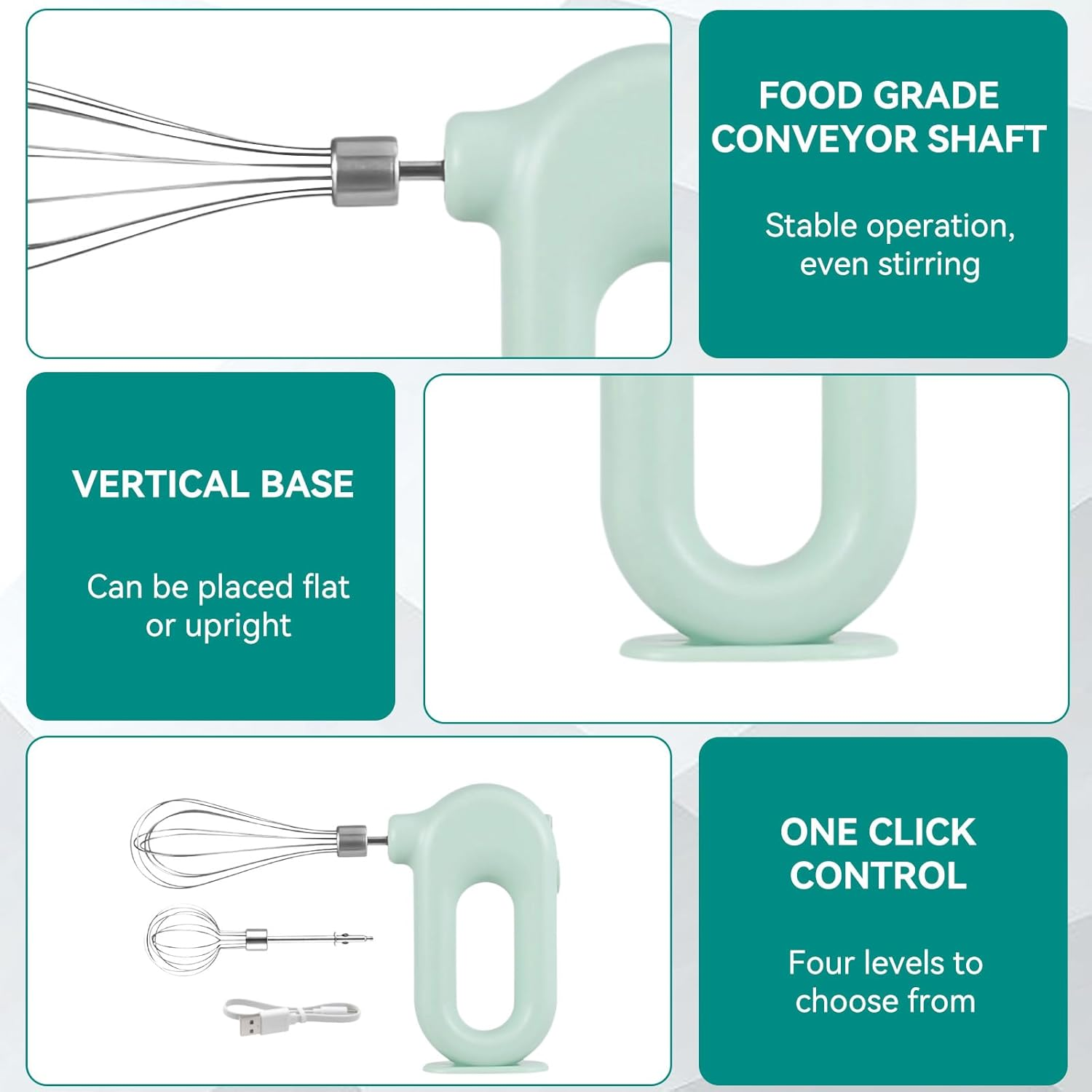 Hellgrüner Handmixer mit Aufsätzen und USB-Kabel. Vertikale Basis.