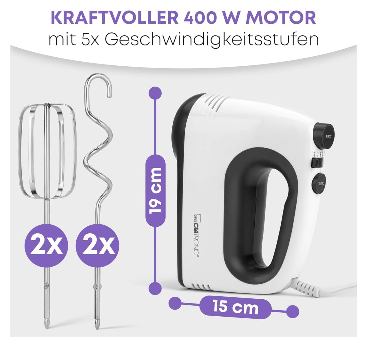 Ein weißer Handmixer mit schwarzem Griff und Zubehör. Maße: 19x15 cm.