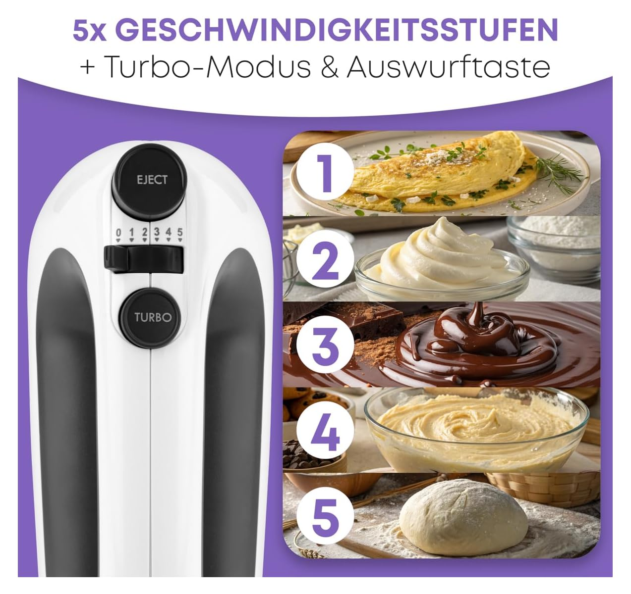 Handmixer mit 5 Stufen, Turbo & Auswurf. Zeigt Omelett, Sahne, Schokolade, Teig, Brot.