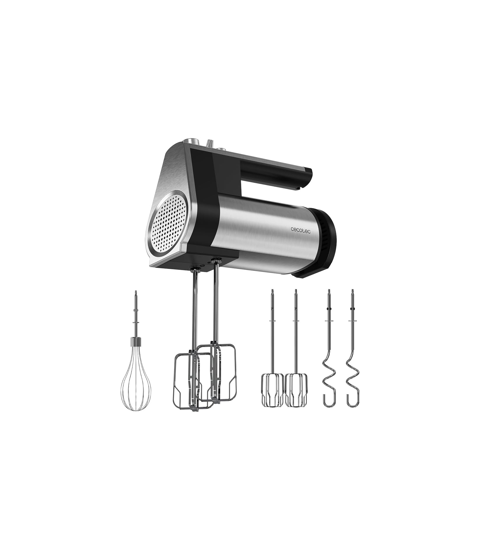 Ein silberner Handmixer mit schwarzem Griff und verschiedenen Aufsätzen.