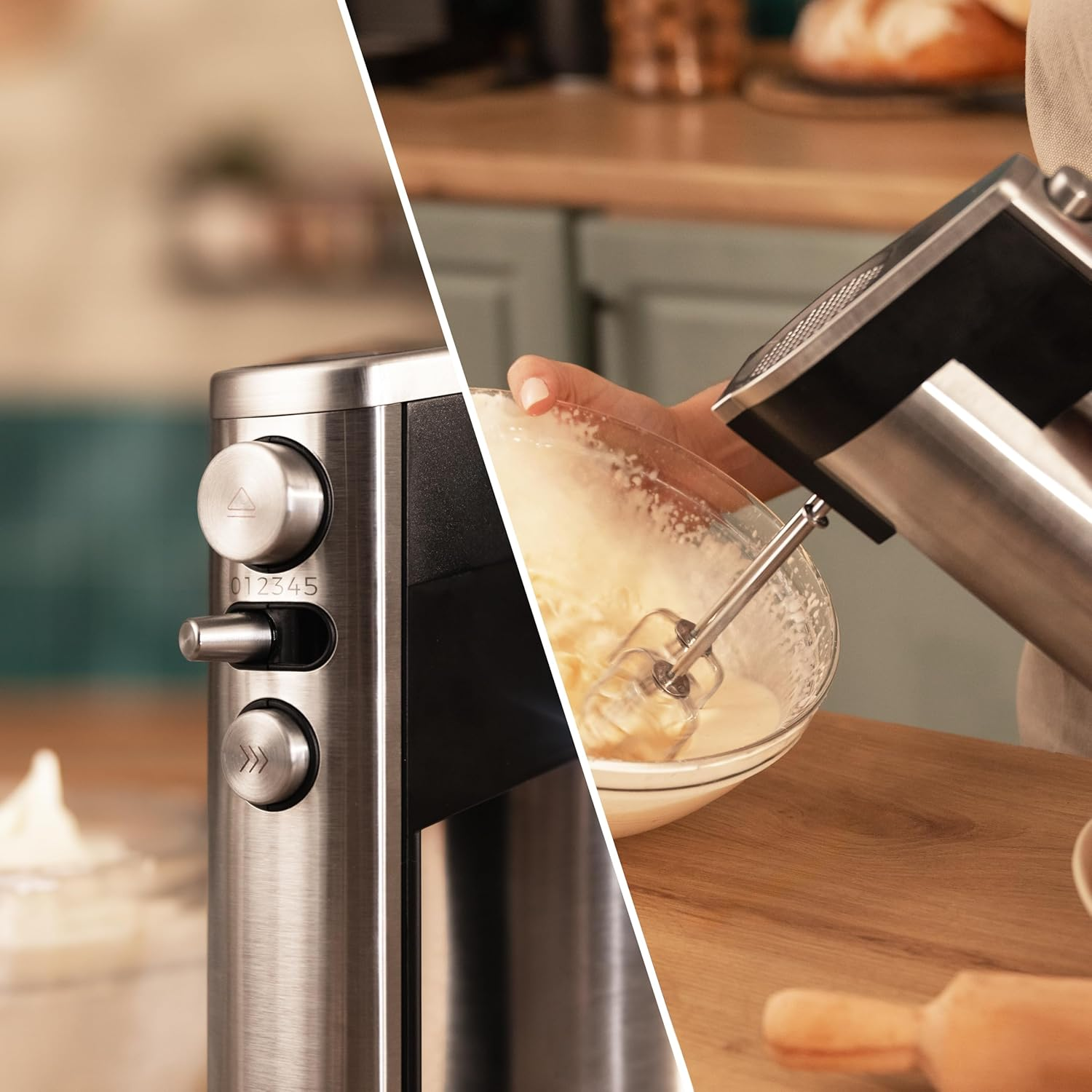 Ein Küchenmixer aus Edelstahl wird in einer Schüssel mit Teig gezeigt.