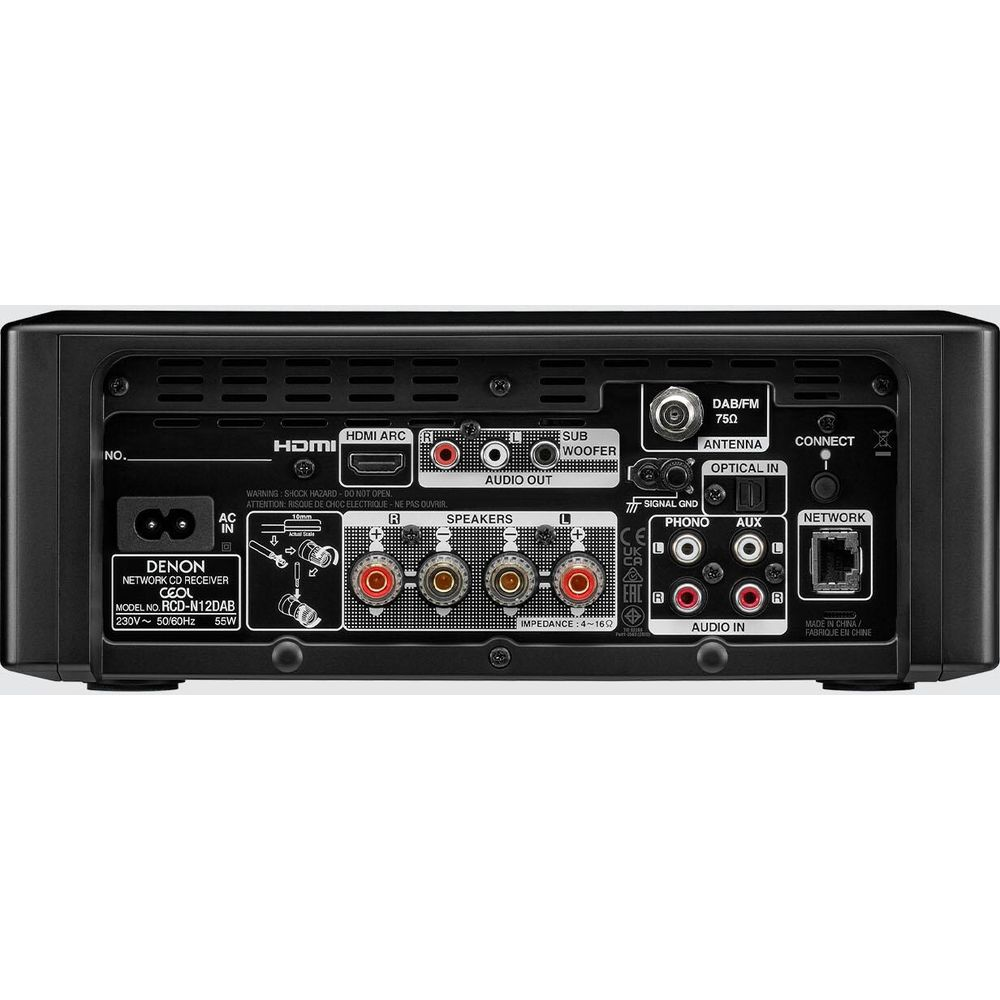 Denon alıcısının arka paneli: HDMI, USB, hoparlör, ses giriş/çıkışları.