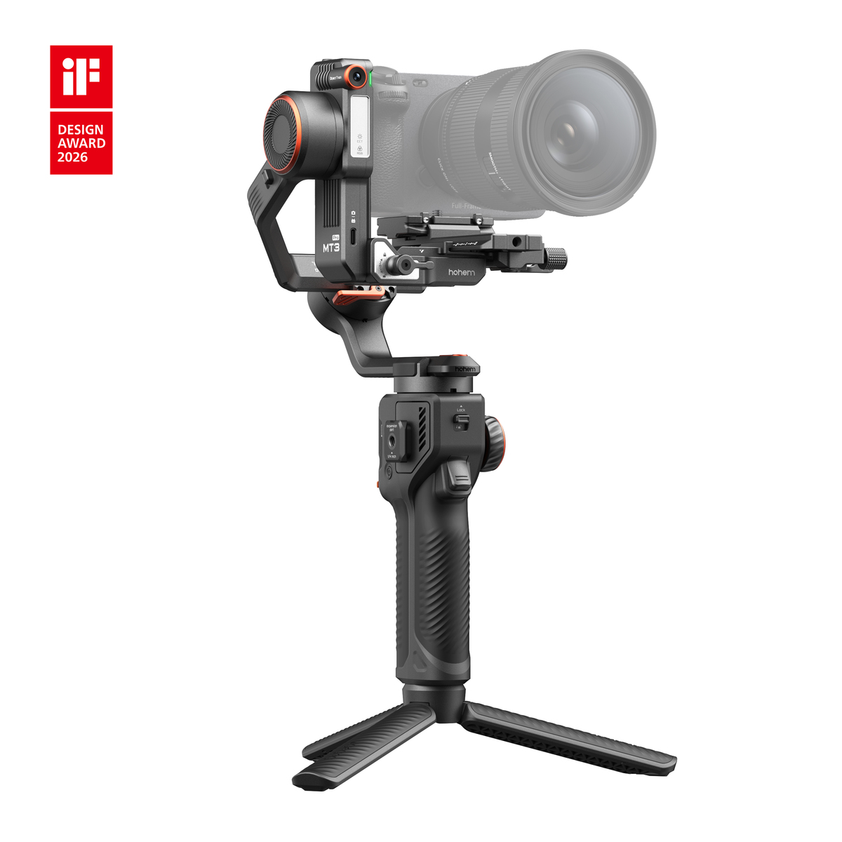 Ein schwarzer Gimbal mit Kamera und einem roten iF Design Award-Siegel.