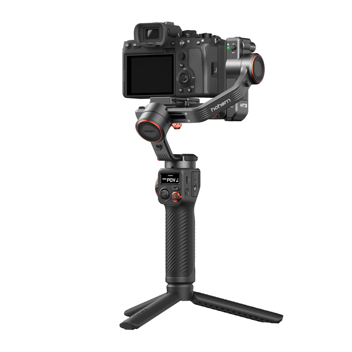 Eine schwarze Kamera auf einem Hohem MT3 Gimbal mit kleinem Stativfuß.