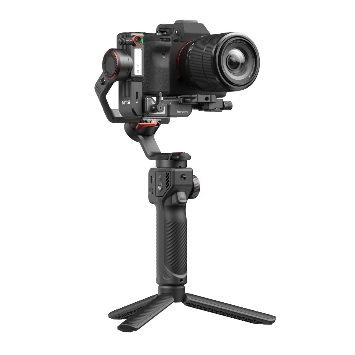Eine schwarze Kamera, montiert auf einem Stabilisator mit Stativfuß.