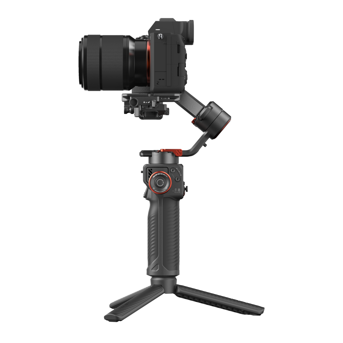 Eine schwarze Kamera mit Objektiv auf einem Gimbal mit Stativ.