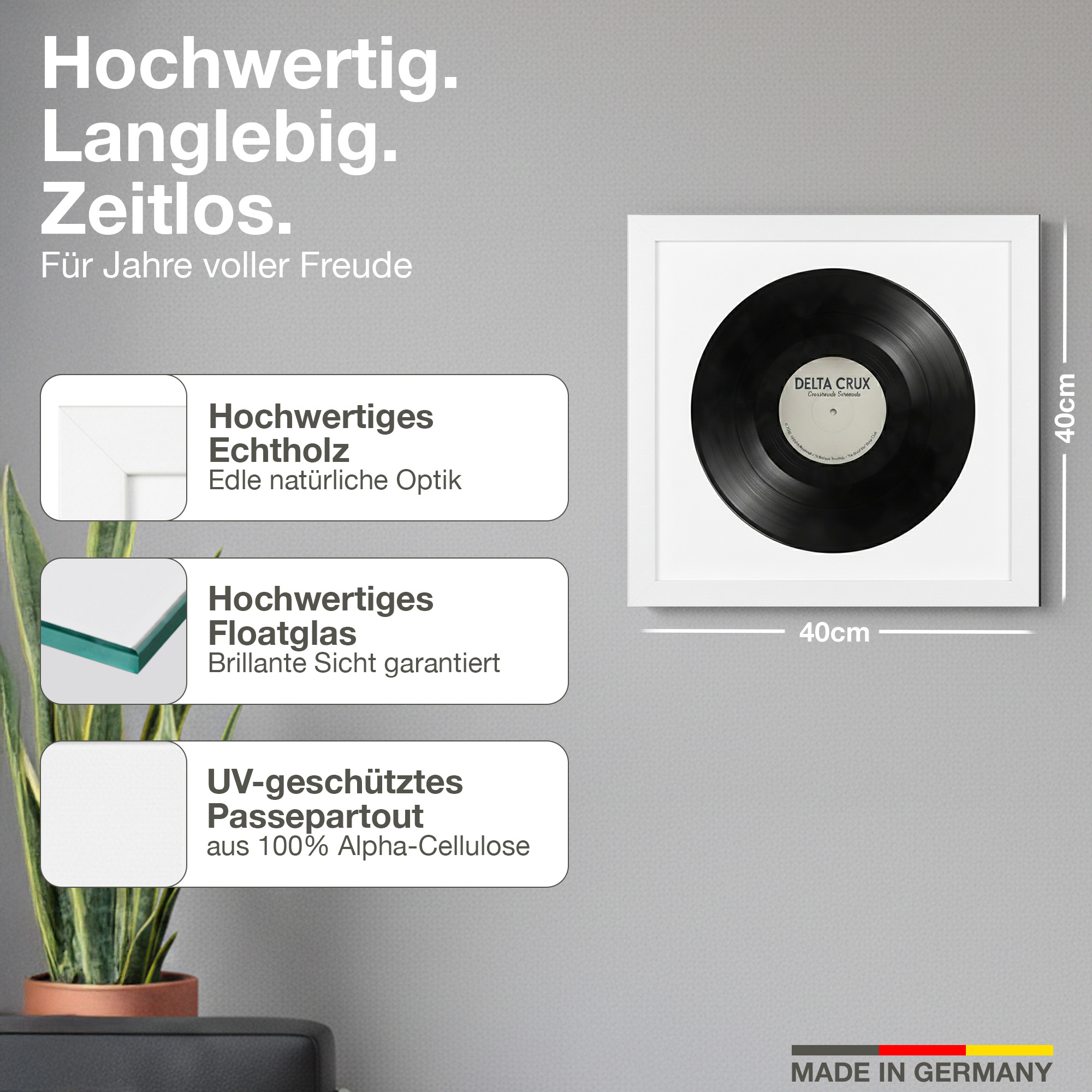 Gerahmte Schallplatte mit Text über Holzrahmen, Floatglas und Passepartout.