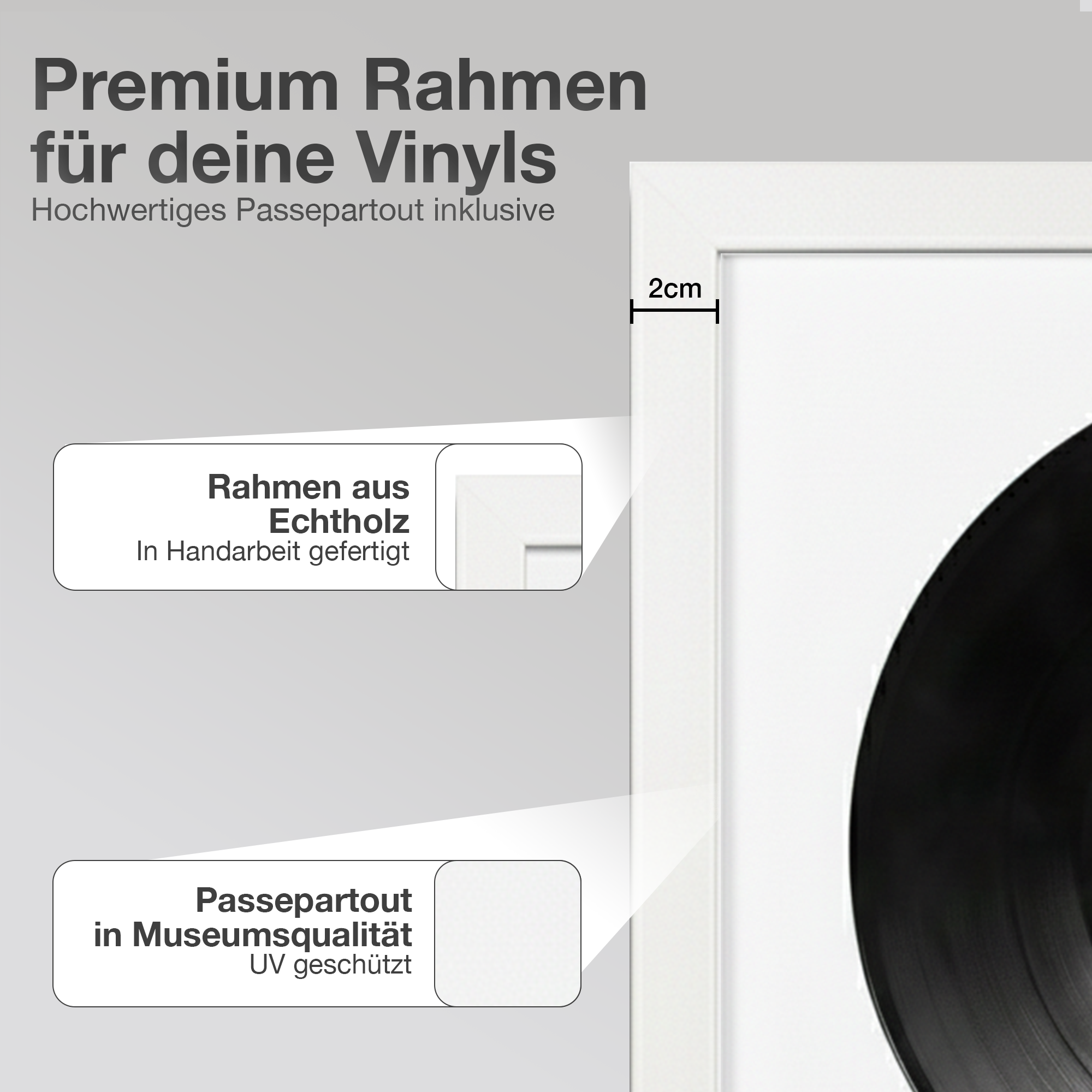 Hochwertiger weißer Rahmen mit Passepartout für Vinyl, 2cm breit.