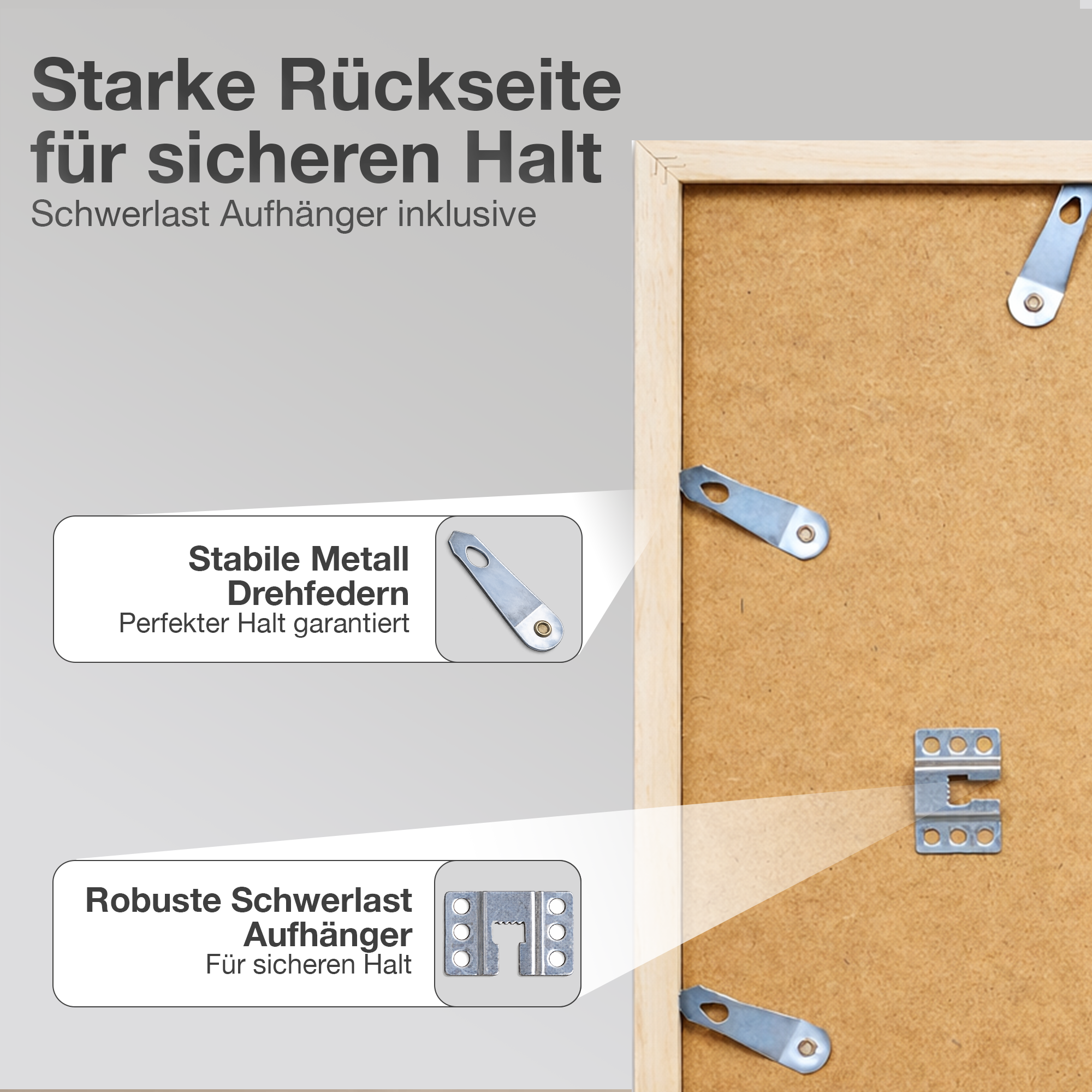 Rückseite eines Bilderrahmens mit Metallaufhängern und Befestigungselementen.