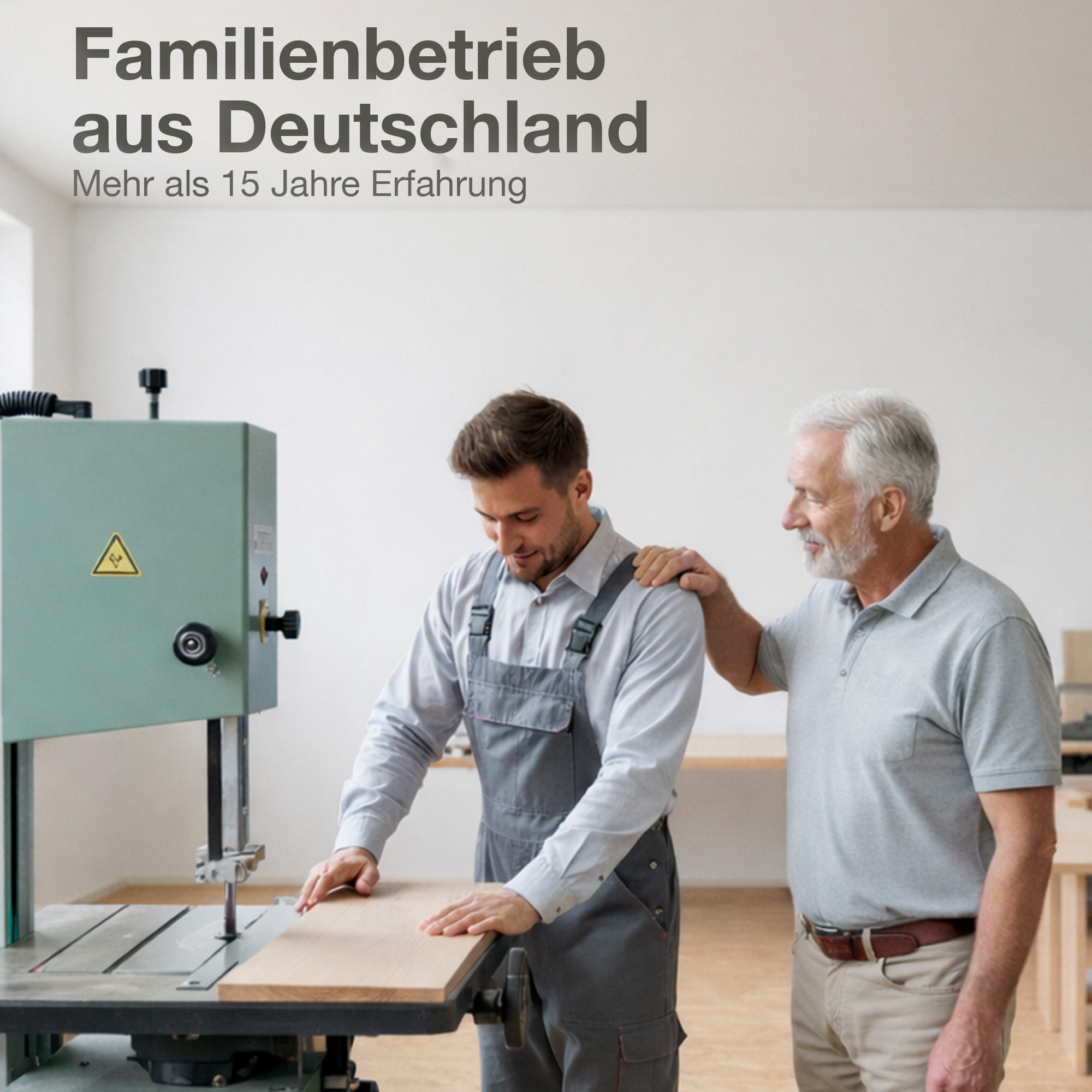 Zwei Männer in einer Werkstatt arbeiten an Holz. Ein älterer Mann legt dem jüngeren eine Hand auf die Schulter.