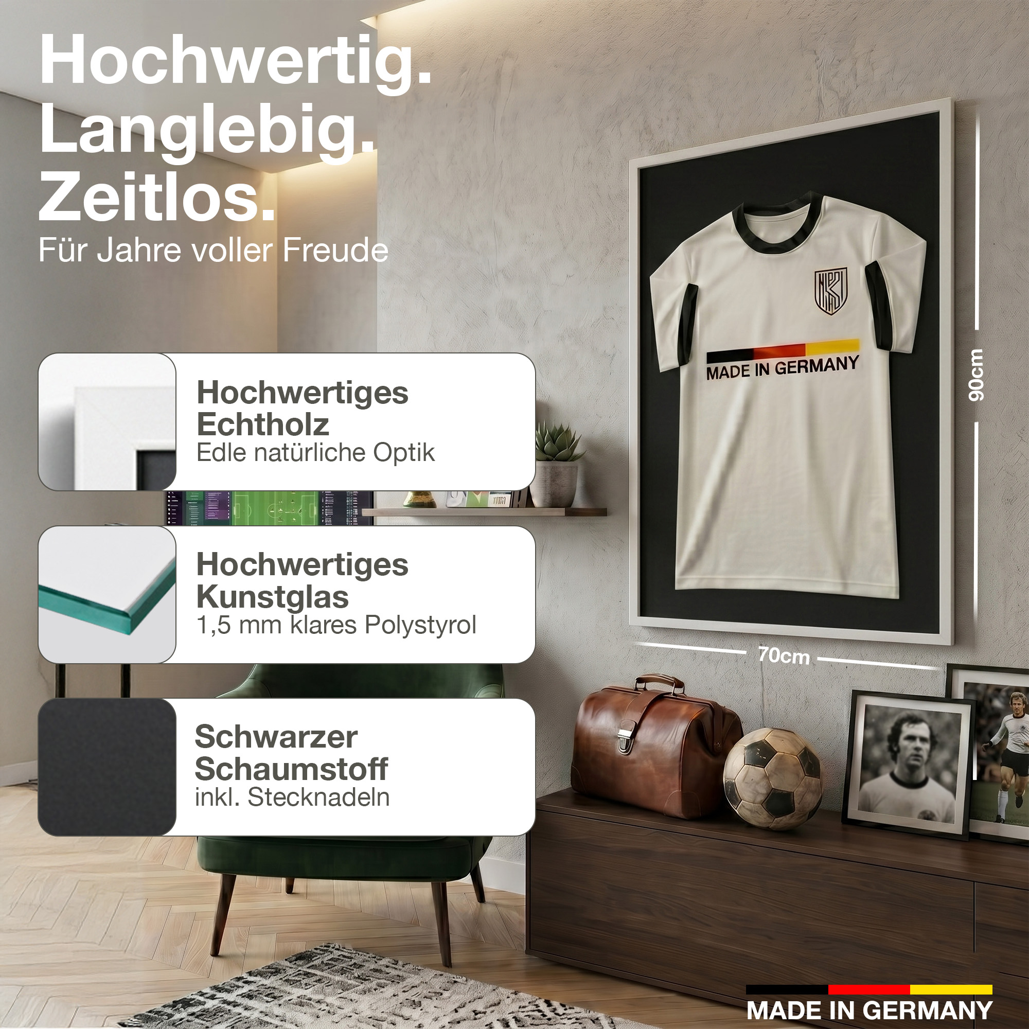 Ein weißes Fußballtrikot mit "Made in Germany" wird in einem schwarzen Rahmen präsentiert.