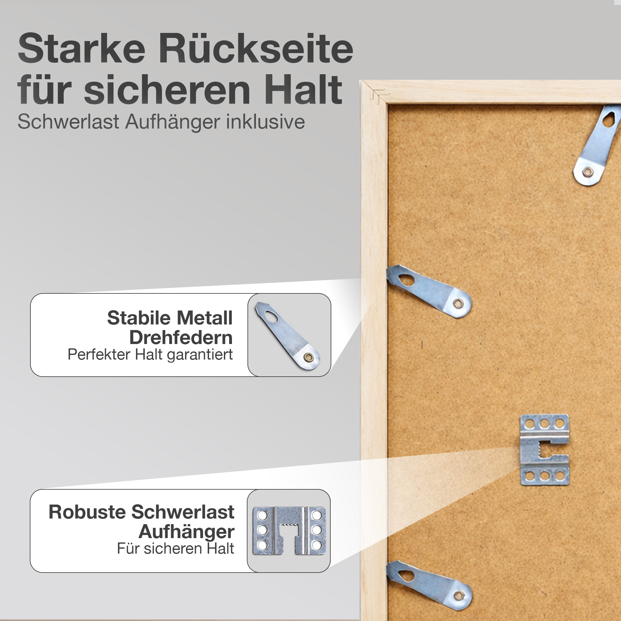 Starke Rückseite mit robusten Schwerlast-Aufhängern für sicheren Halt.