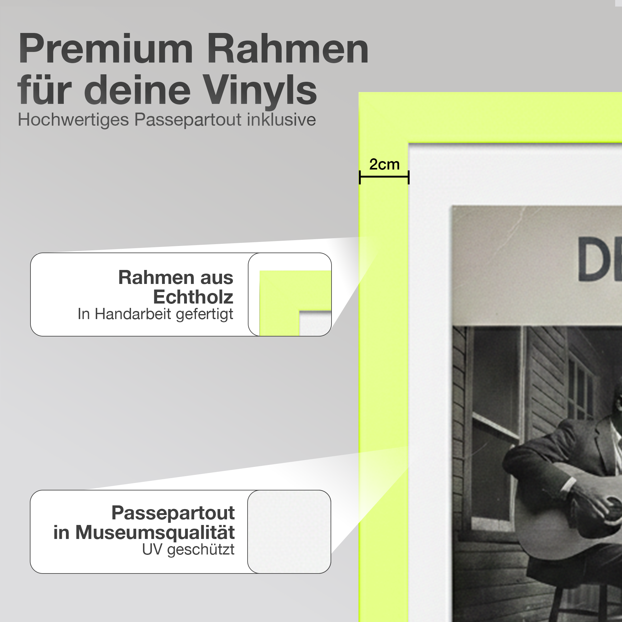 Ein leuchtend gelber Bilderrahmen mit Text über Vinyl-Rahmen und ein Schwarz-Weiß-Foto.