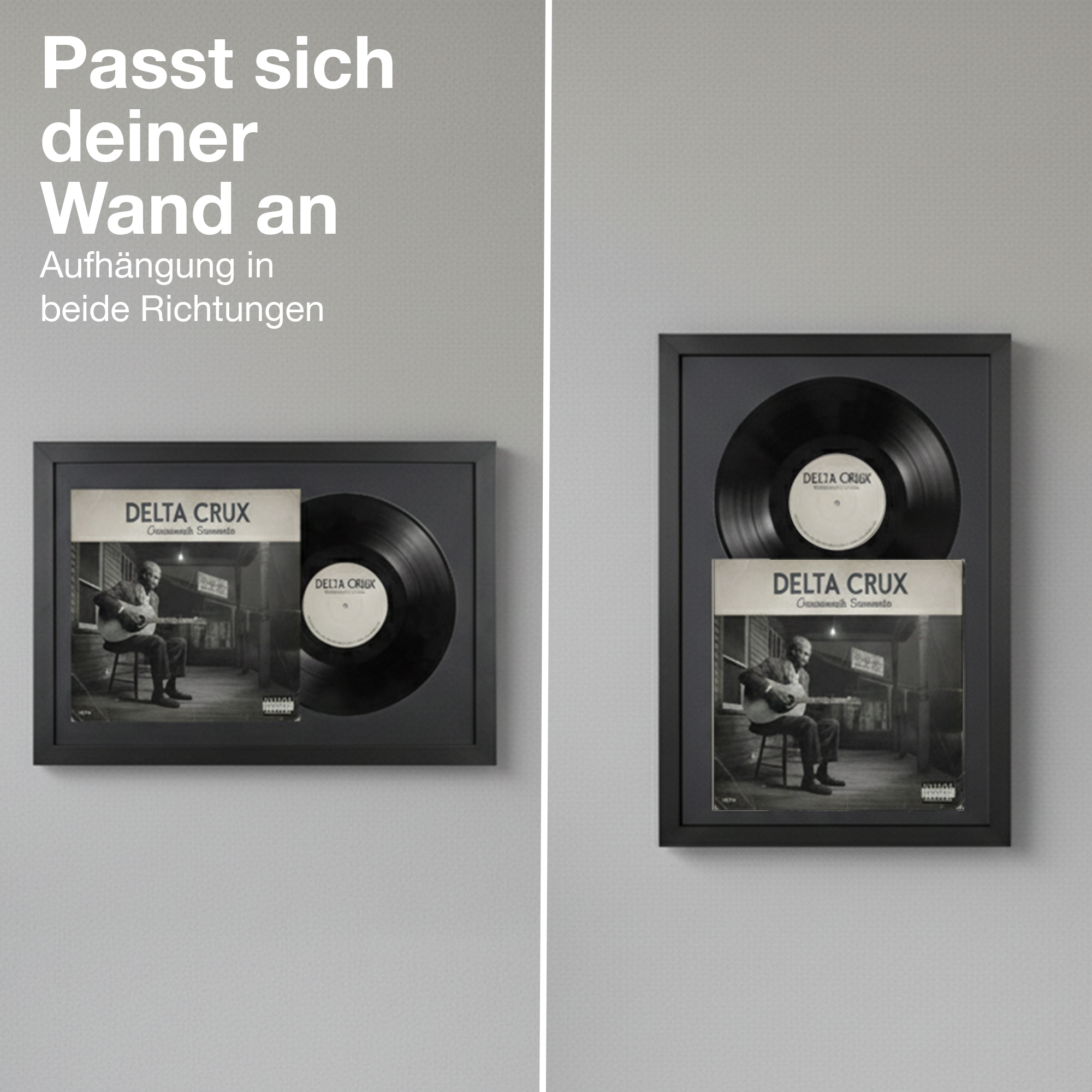Schwarzer Rahmen mit Schallplatte und Albumcover, die sich an die Wand anpassen.