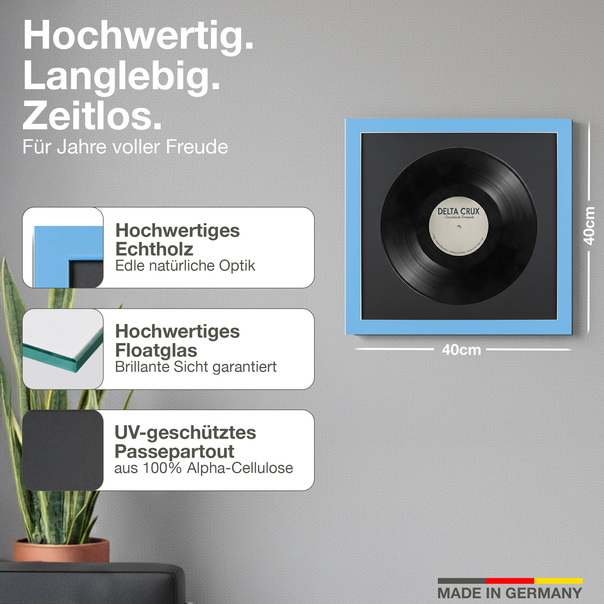 Gerahmte Schallplatte mit blauen Rahmen, 40x40cm, mit Text.