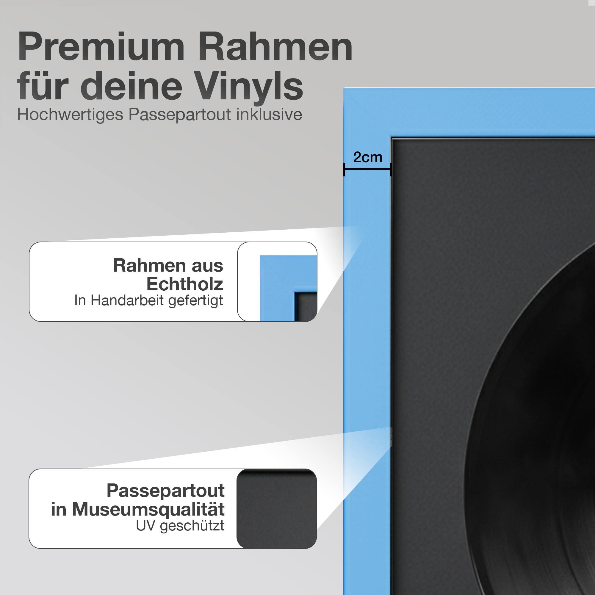 Ein blauer Rahmen mit schwarzem Passepartout und Vinyl. Text: Premium Rahmen für deine Vinyls.