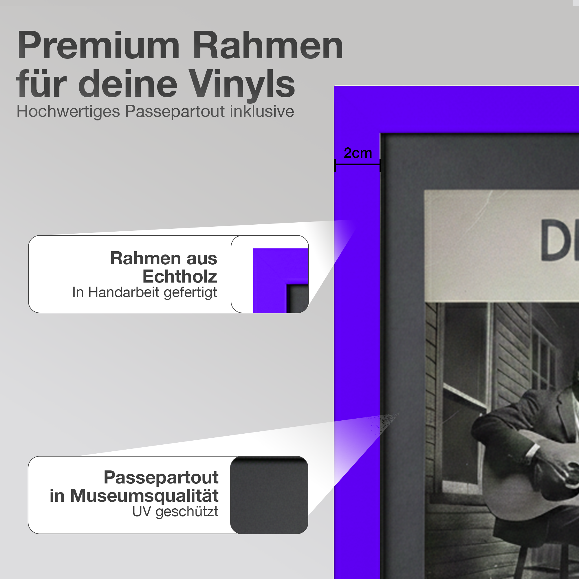 Ein violetter Rahmen zeigt Text über Vinyl-Rahmen und ein Foto. 2cm Maß.