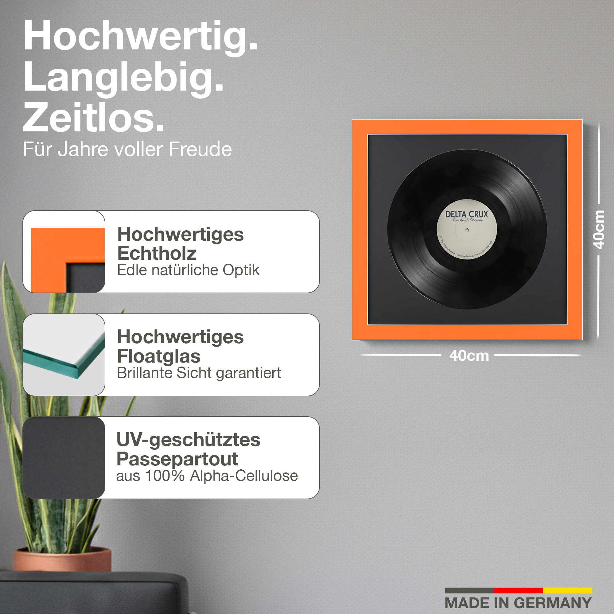 Ein 40cm Rahmen mit einer Schallplatte, mit Text über Materialien.