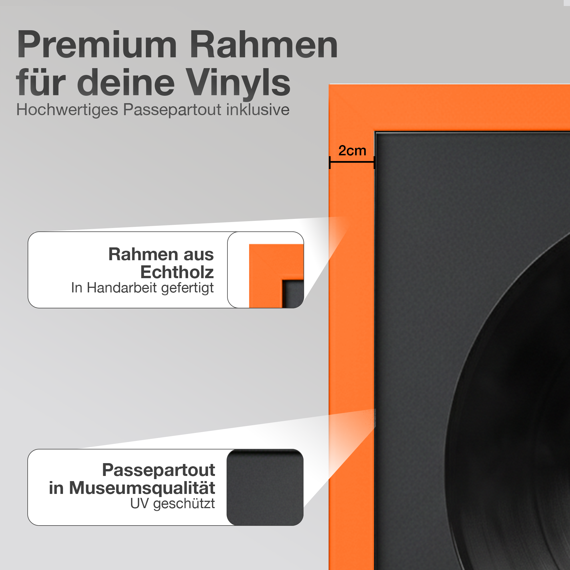 Orange Rahmen mit Vinyl und Text: Premium Rahmen für deine Vinyls.
