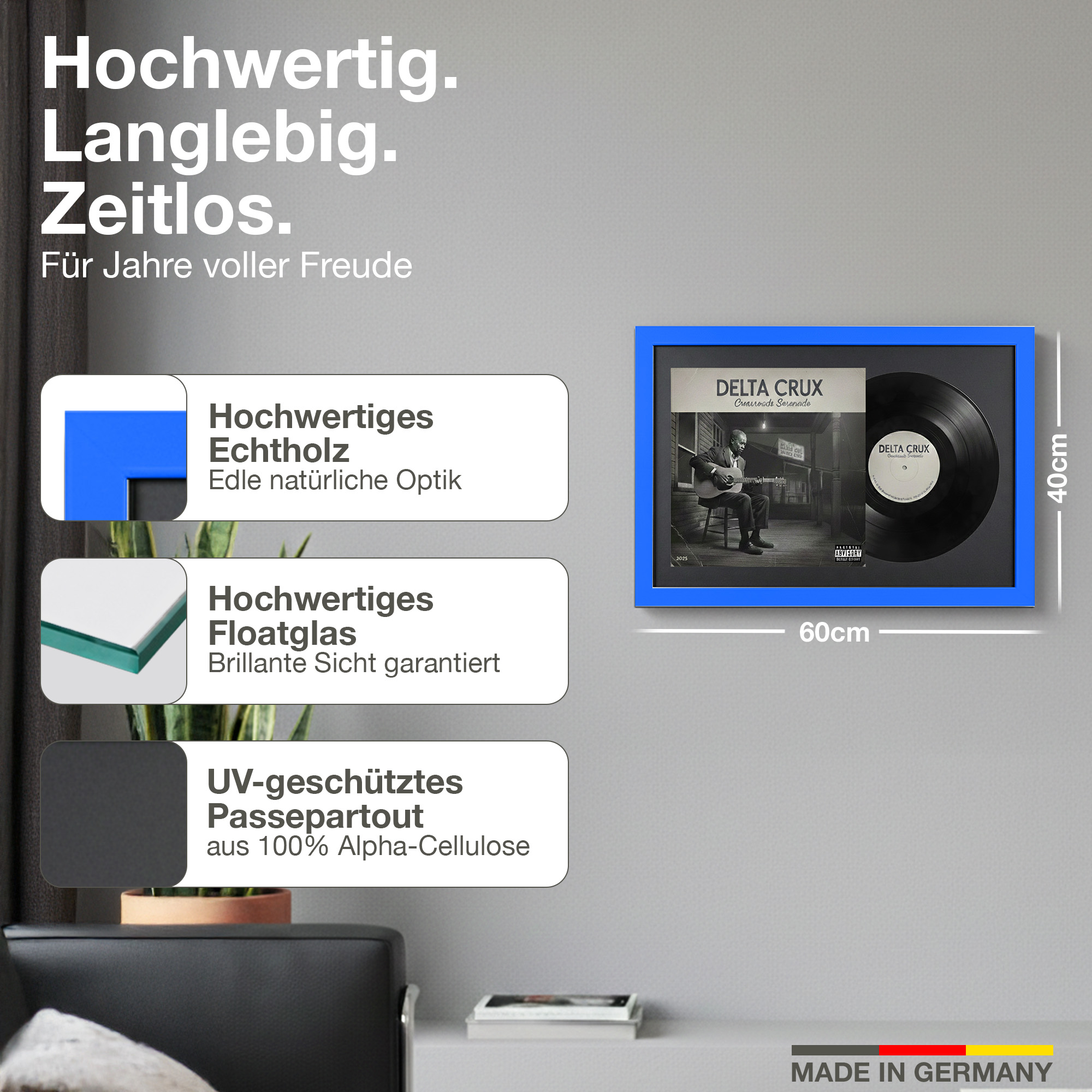 Gerahmte Schallplatte mit Cover in einem blauen Rahmen, 60x40cm.