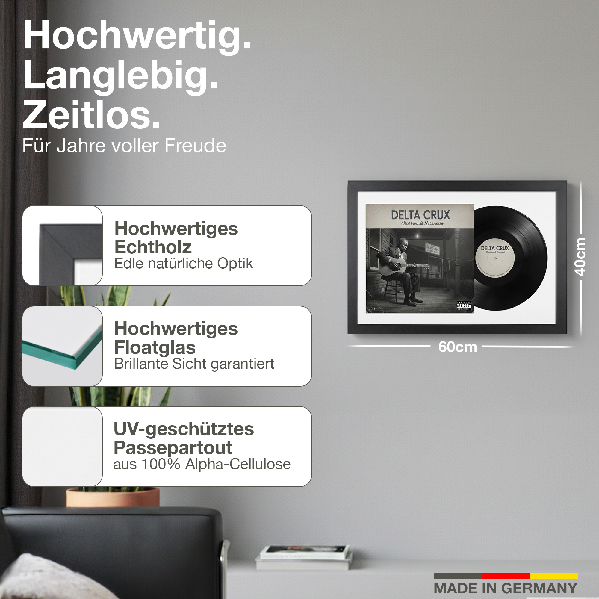 Gerahmtes Schallplatten-Cover und Vinyl-Schallplatte von Delta Crux, 60x40cm.